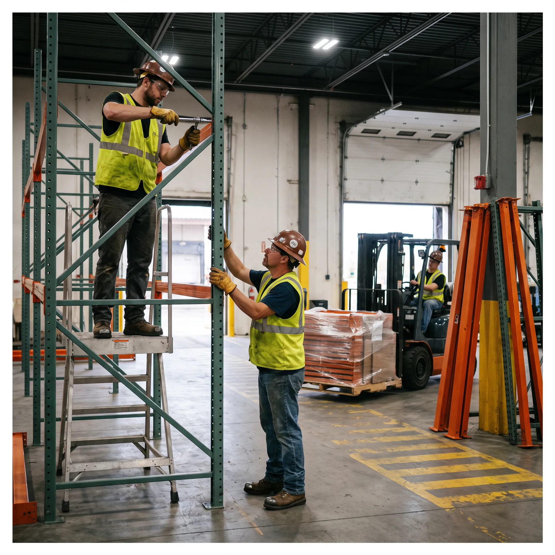 Technicians installing warehouse racking