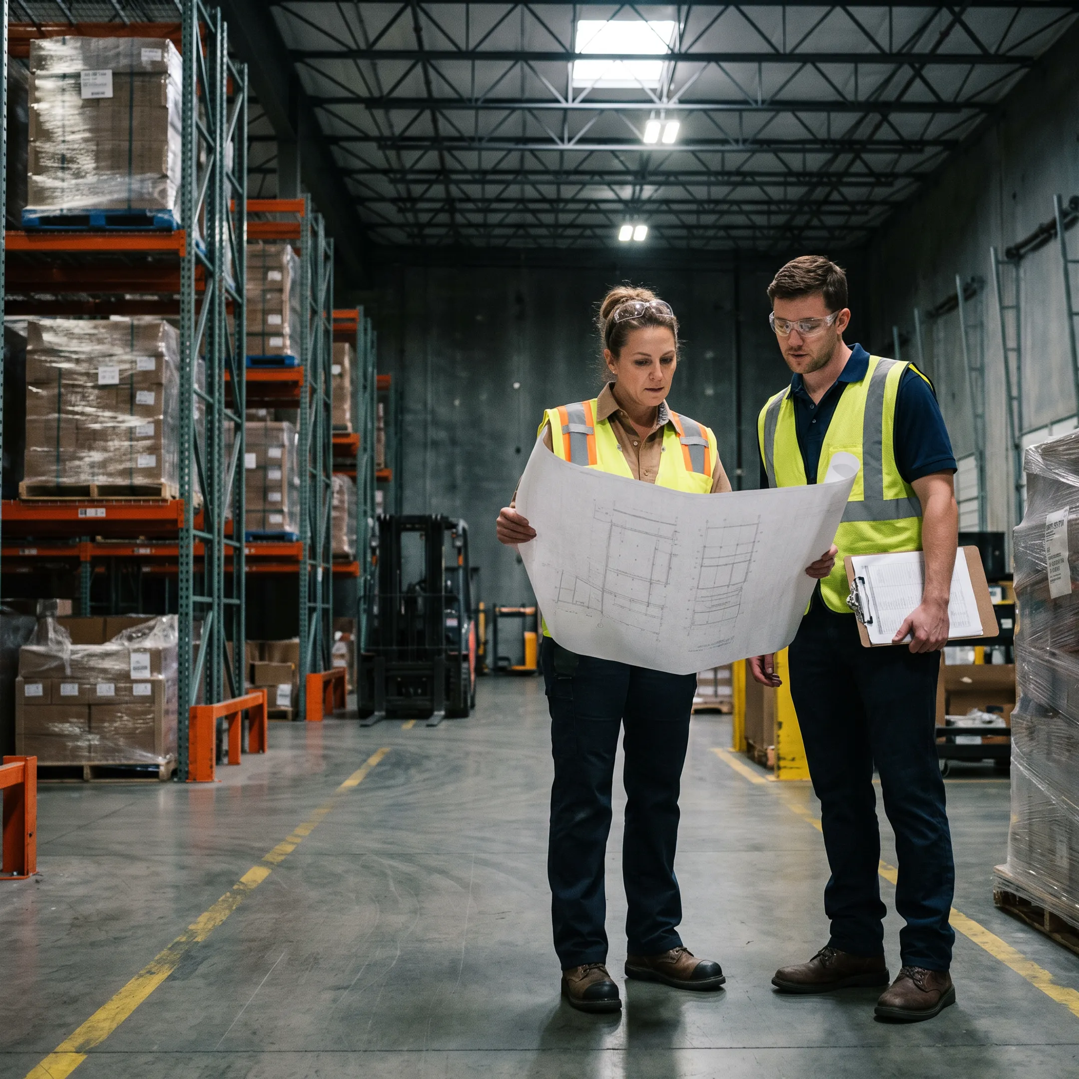Warehouse team reviewing a high-density storage layout