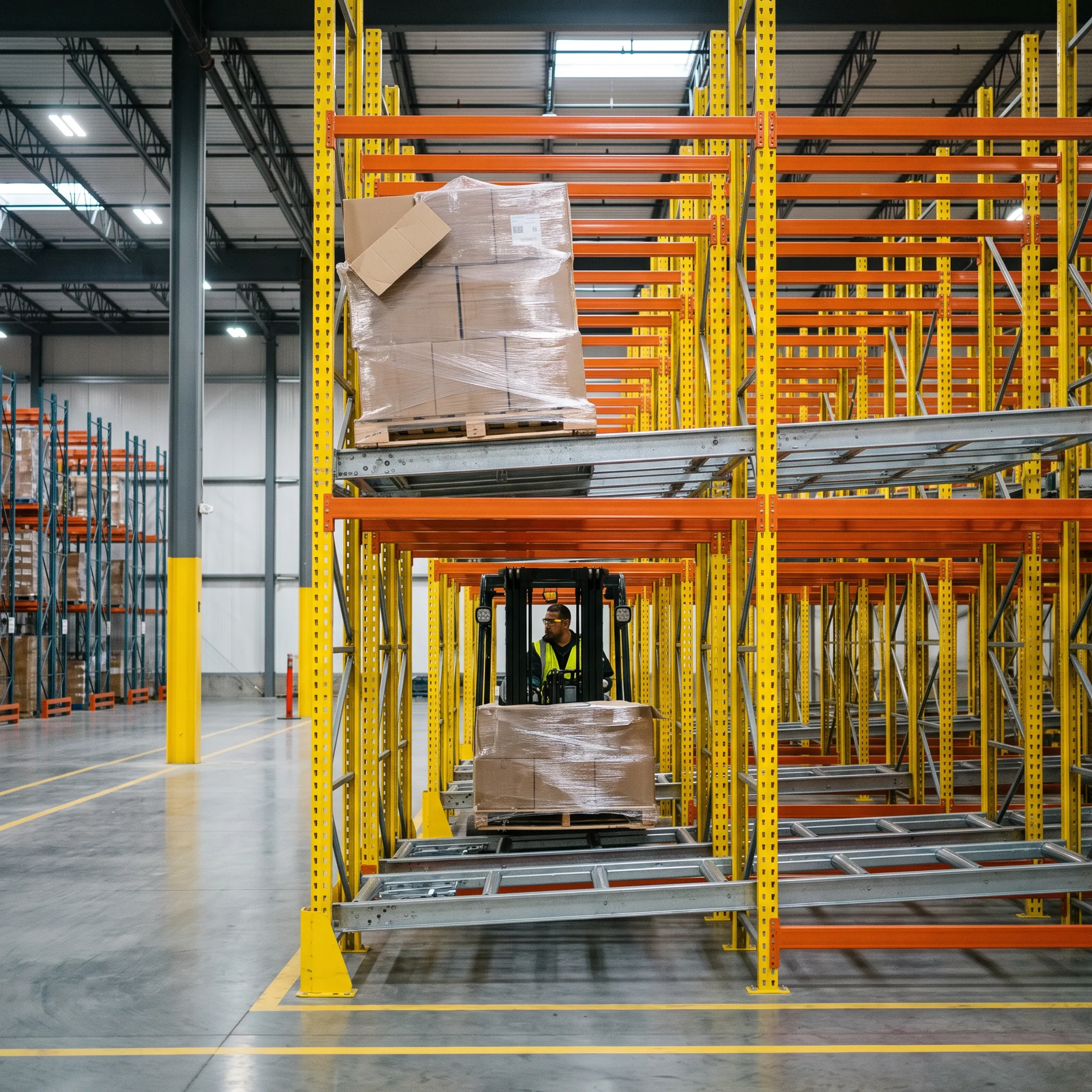 Forklift loading pallets into pushback racking