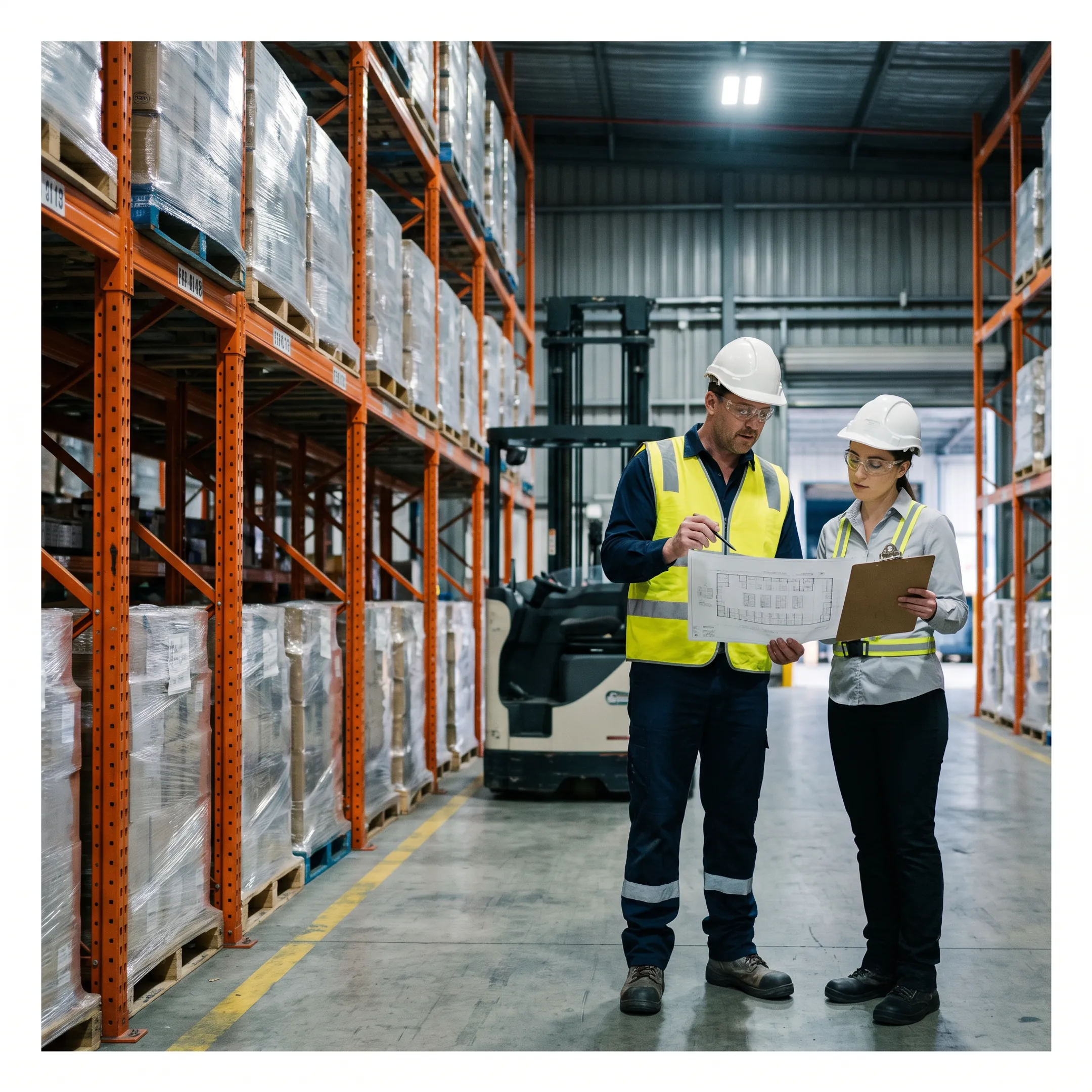 Warehouse professionals reviewing a racking layout