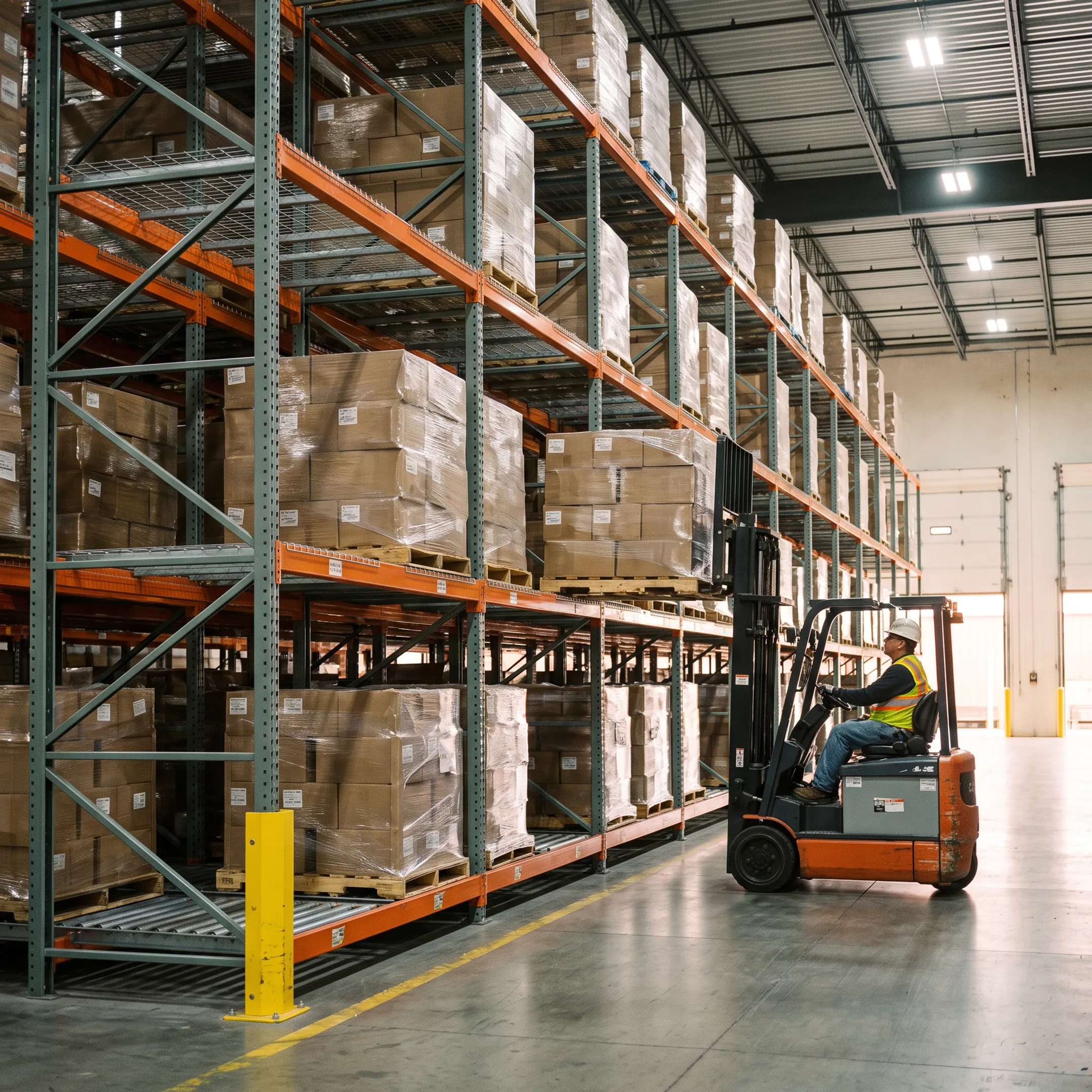 Pallet flow rack system with warehouse pallets and forklift access