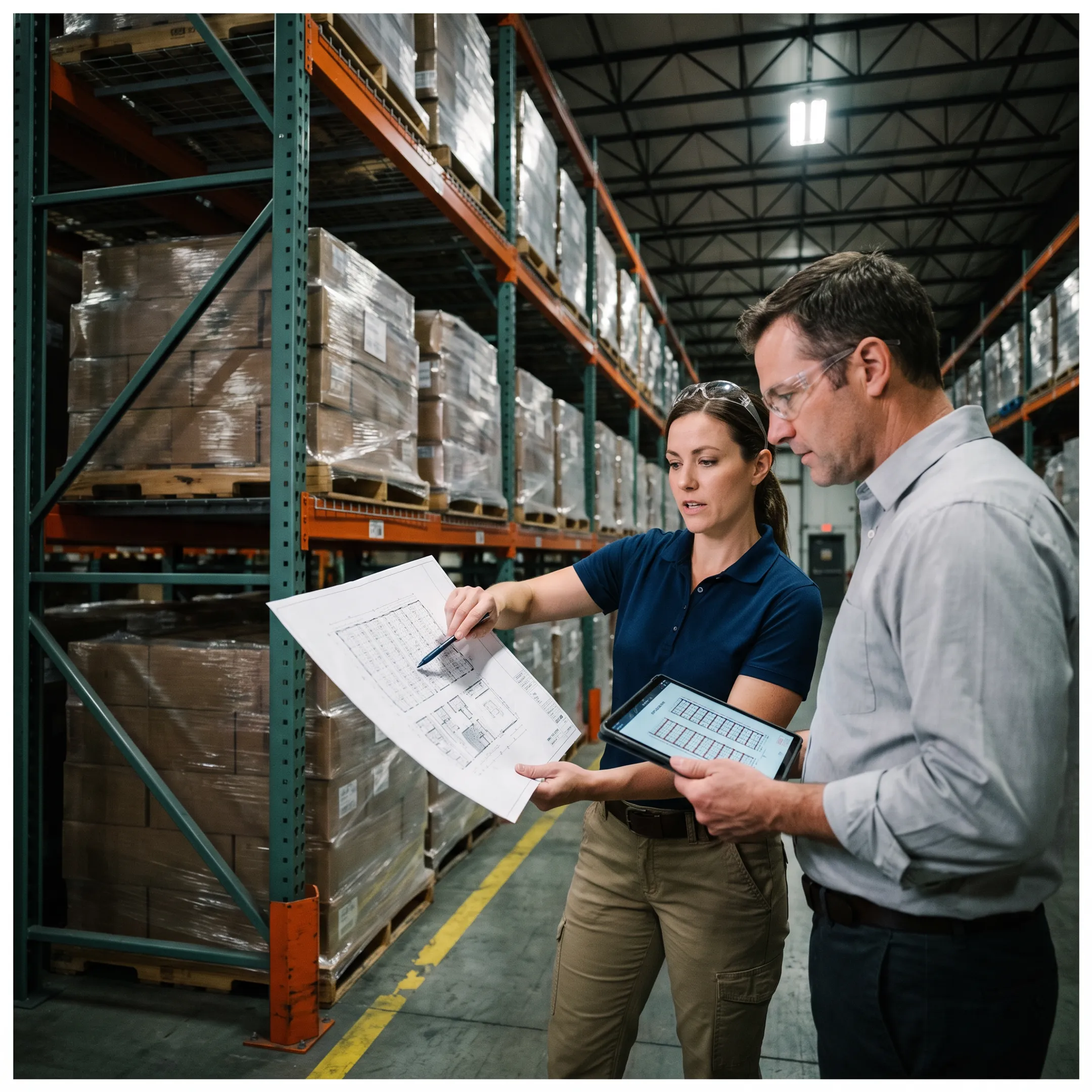 Engineers reviewing a warehouse storage layout beside pallet racking