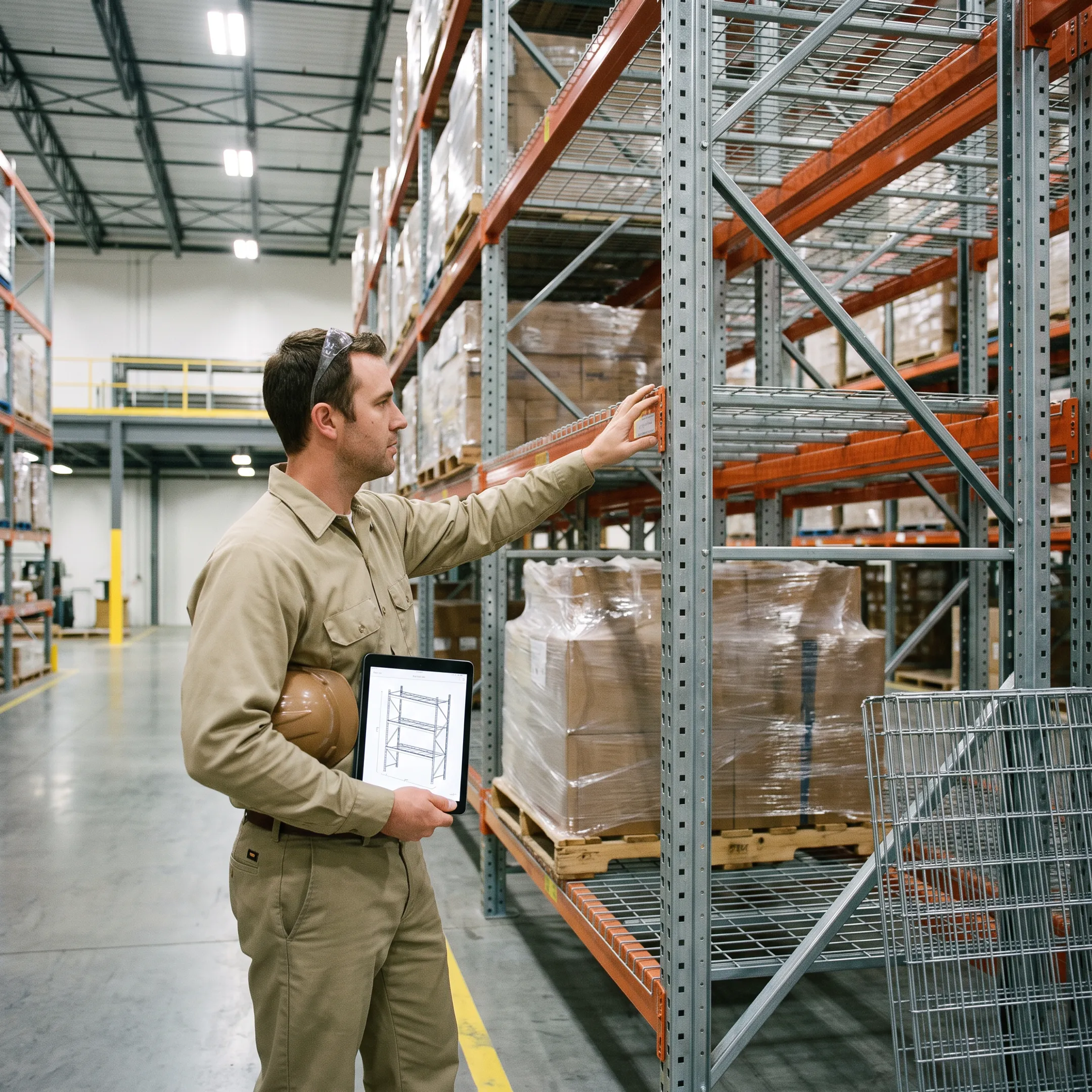 Warehouse planner examining engineered racking layout