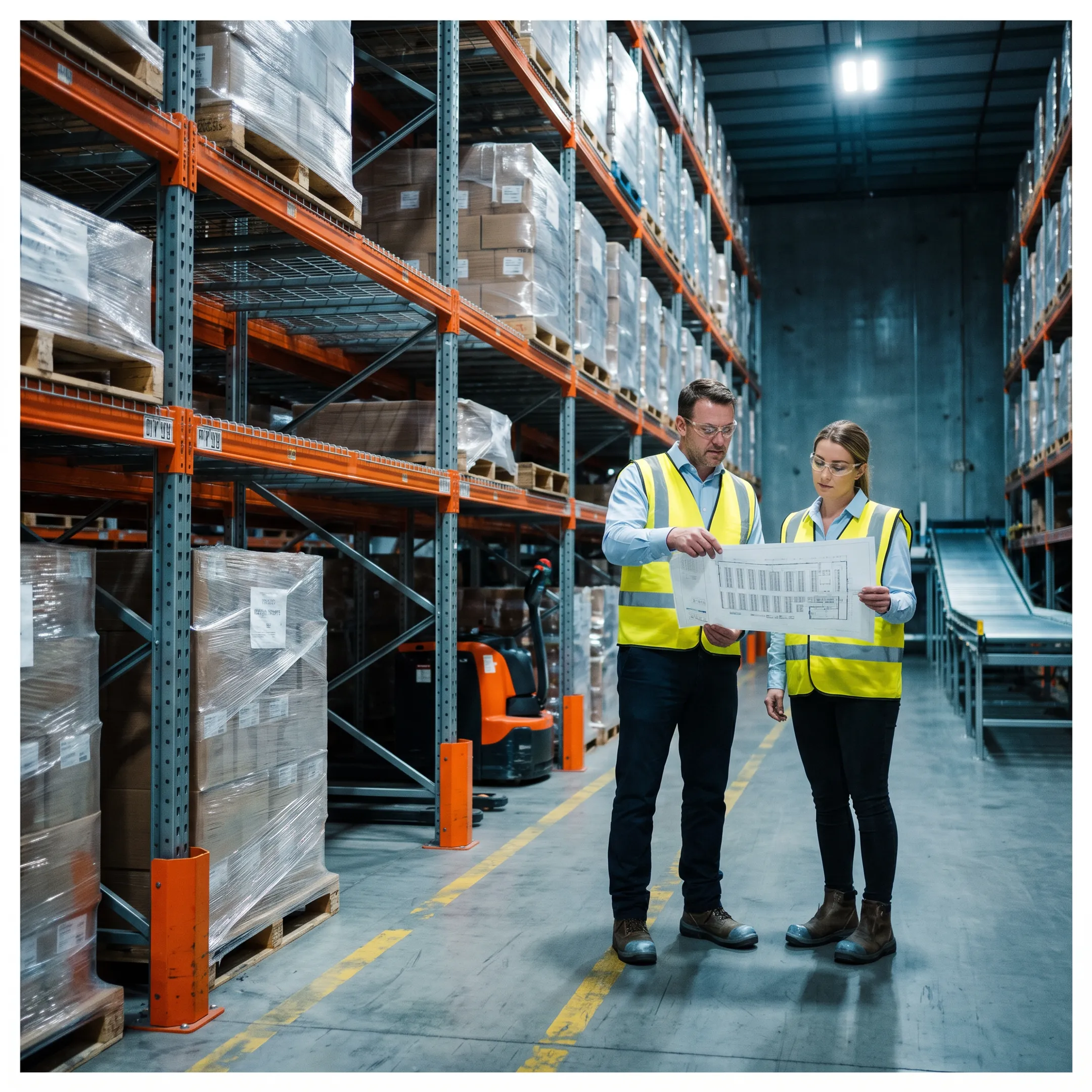 Engineered pallet racks and industrial shelving in a warehouse