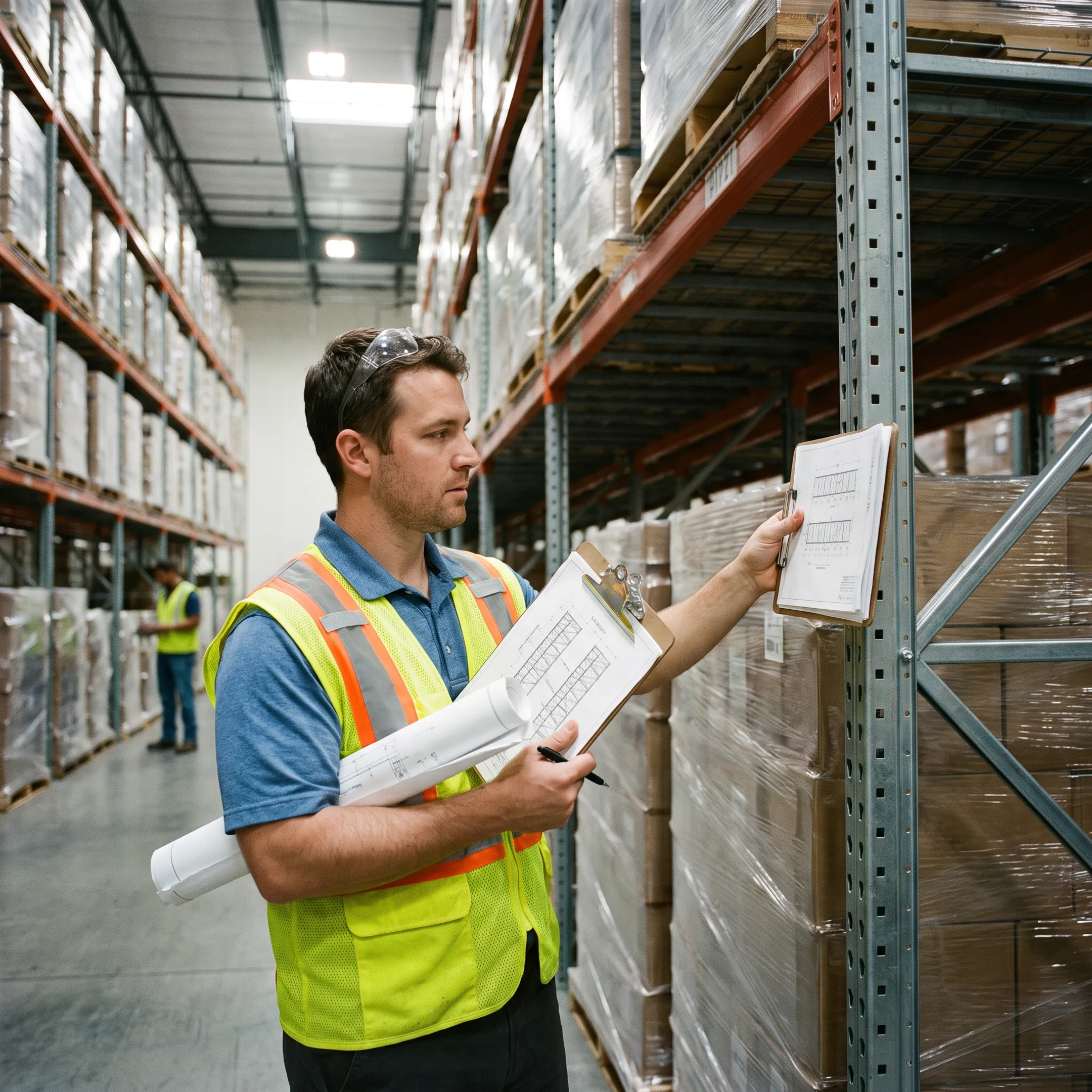 Engineer reviewing warehouse pallet rack layout