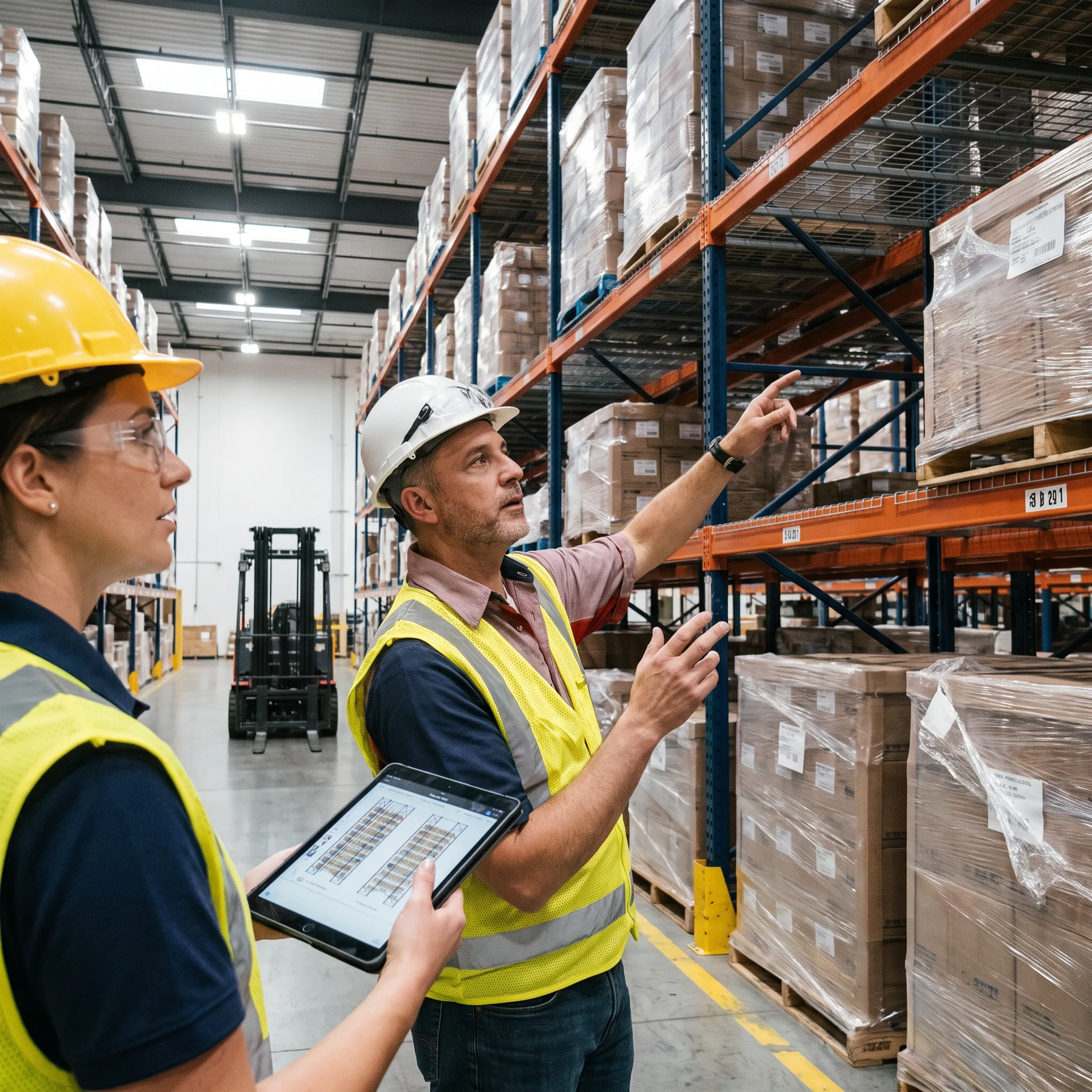 Engineer reviewing warehouse racking layout with client