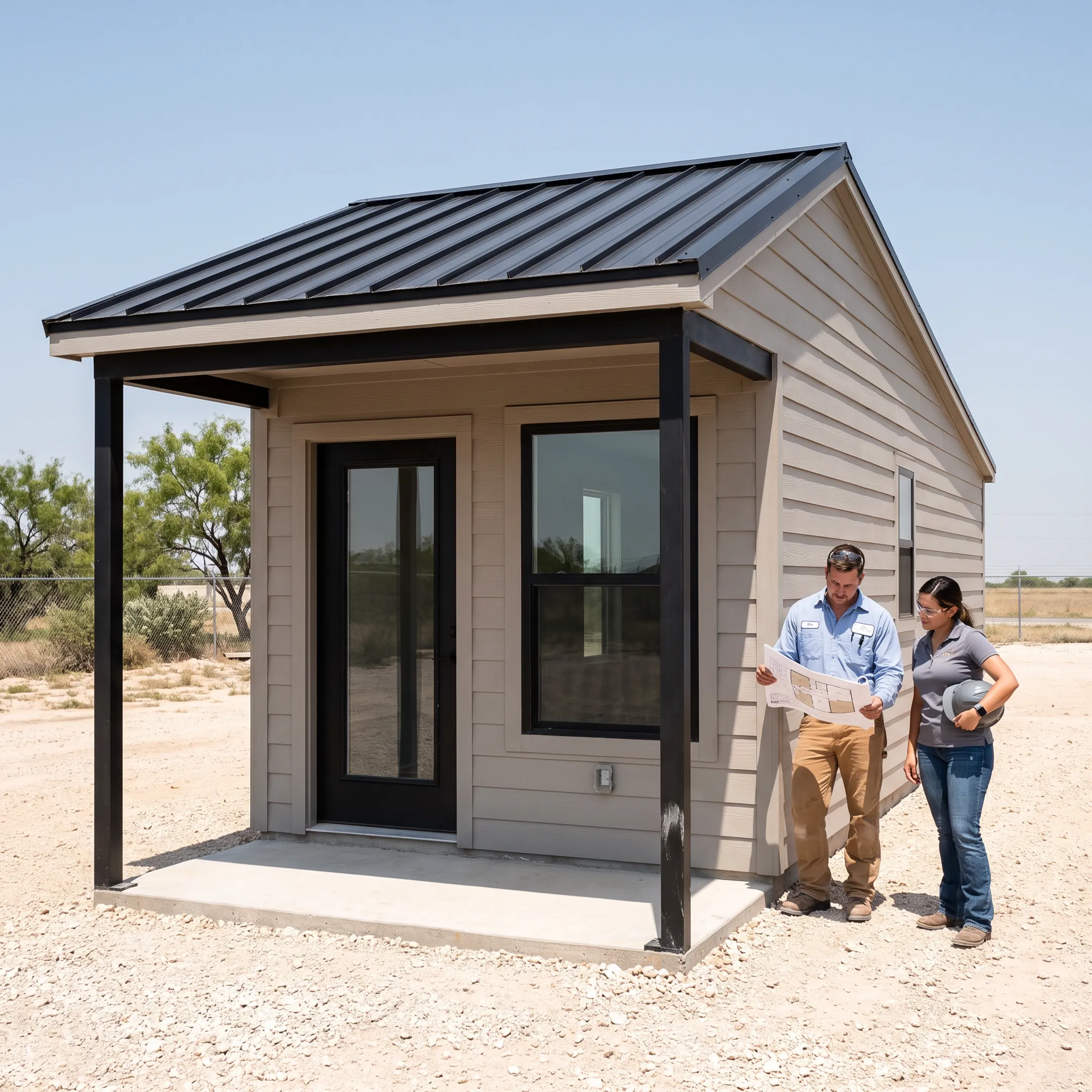 Compact tiny home exterior in a Texas setting