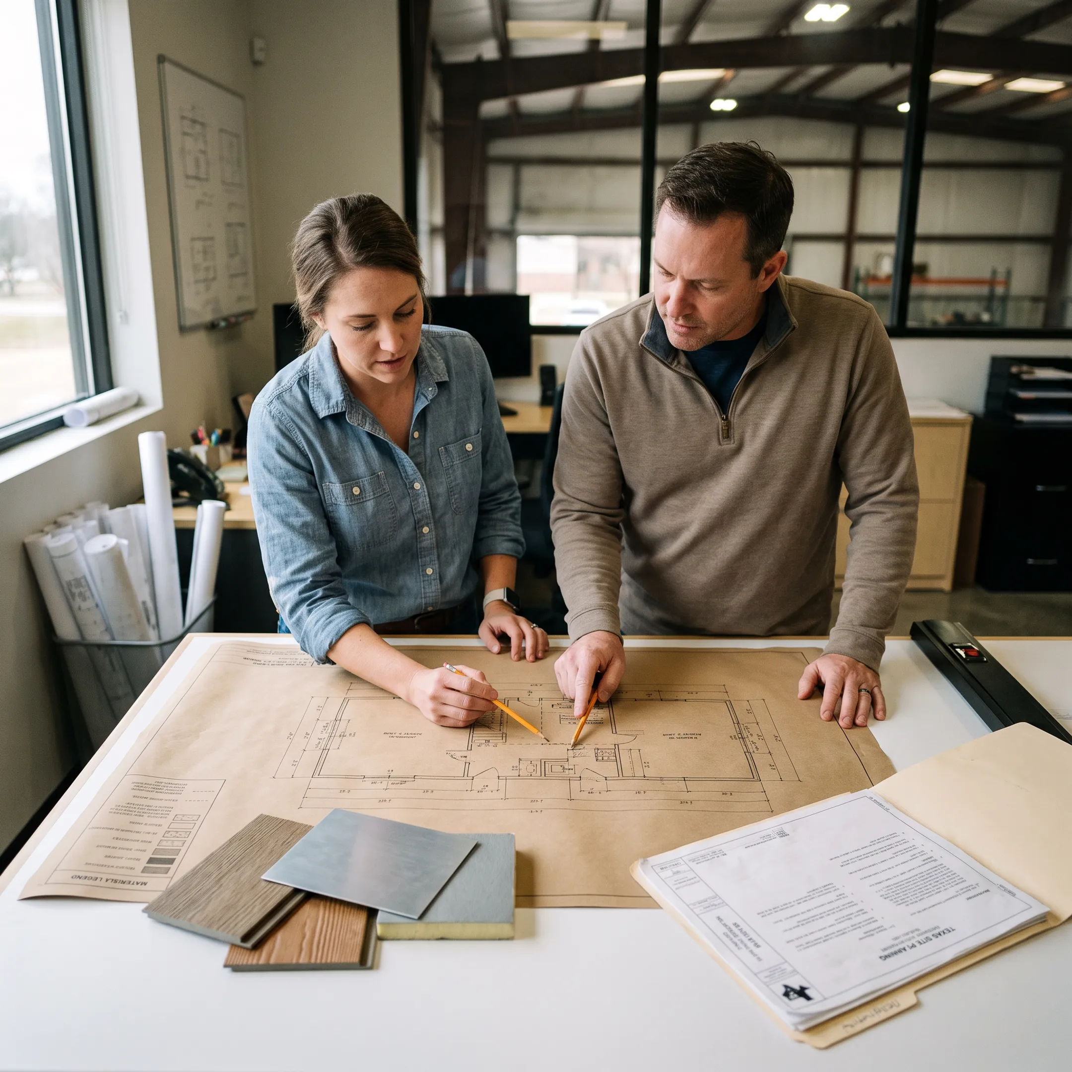 Designers reviewing a tiny home floor plan