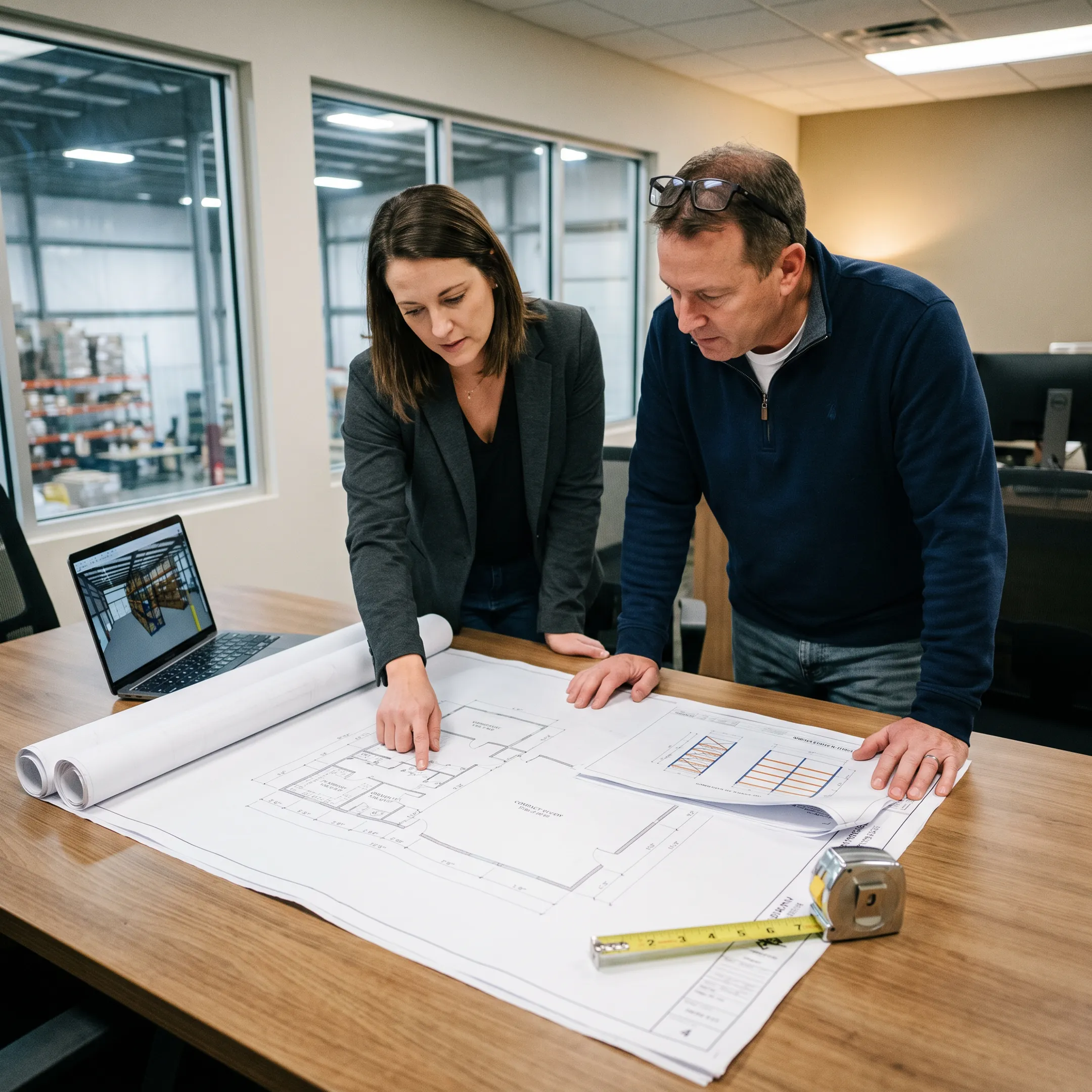 Factory team reviewing compact building and storage plans