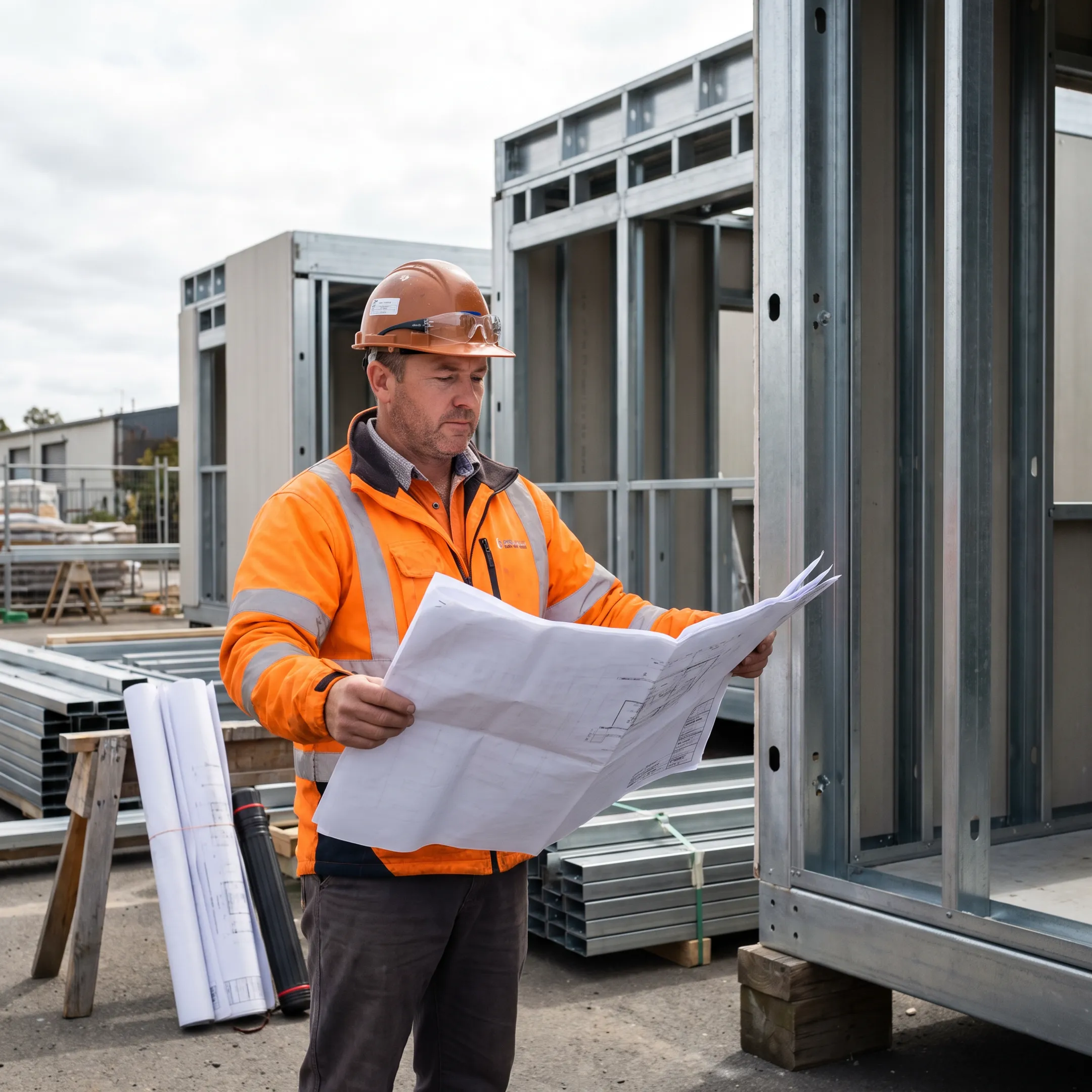 Professional reviewing plans beside a compact tiny home structure