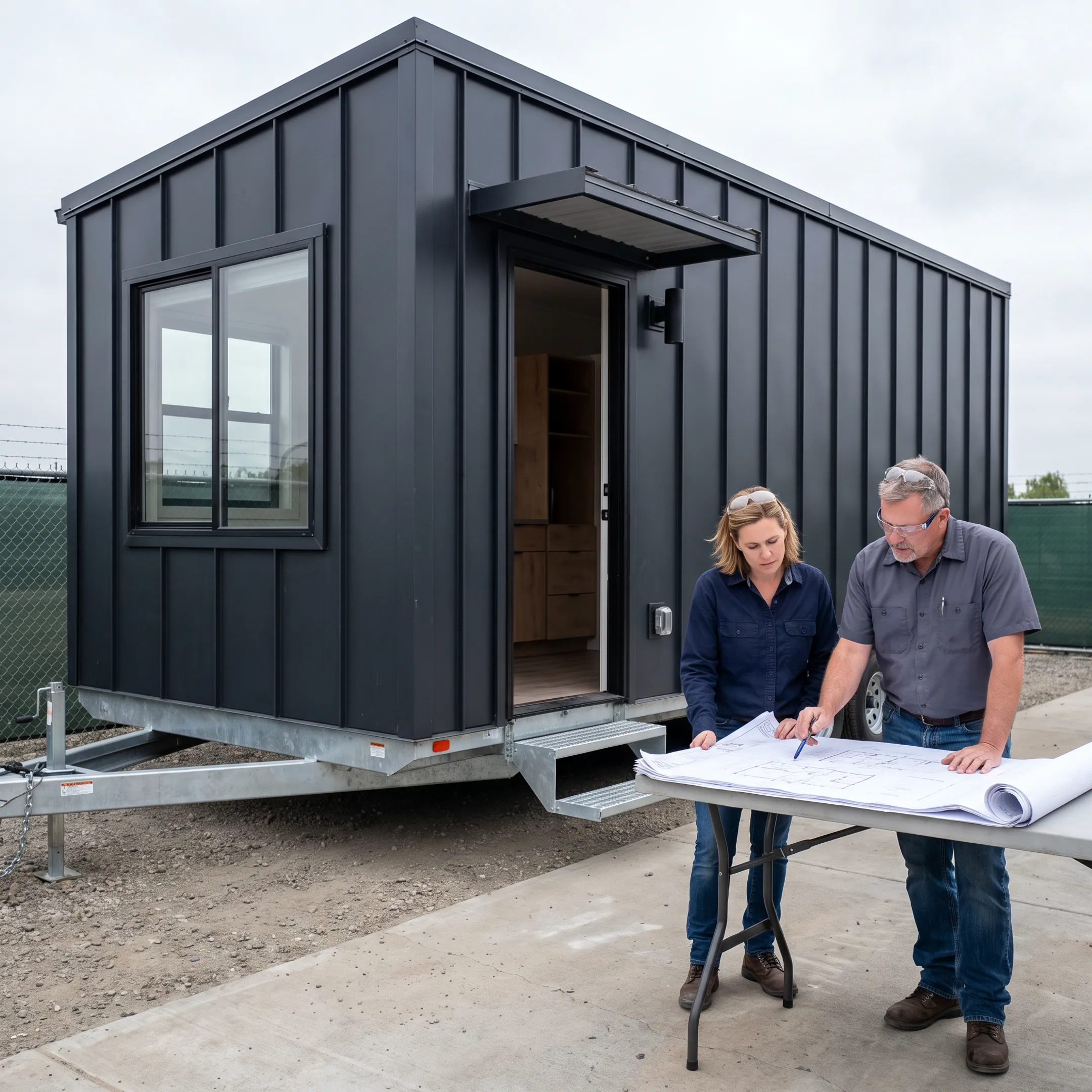 Custom tiny home concept with compact interior storage and an engineering team reviewing plans