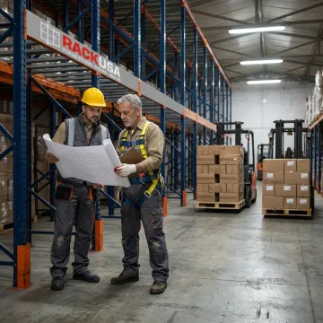 Rack engineers reviewing a drive-in pallet racking layout