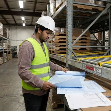 Engineer reviewing pallet flow rack installation plans