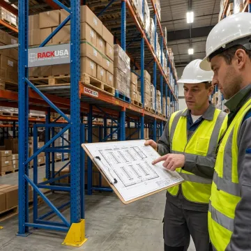 Warehouse team reviewing pallet racking layout