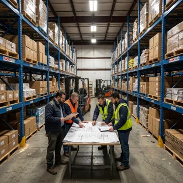Technicians reviewing pallet rack layout in a warehouse