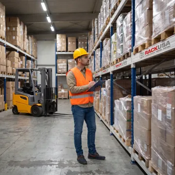 Worker reviewing push back rack pallet storage