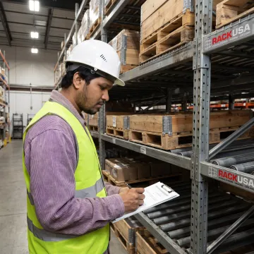 Warehouse worker inspecting pallet flow rollers