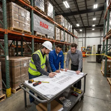 Engineers reviewing a warehouse racking layout