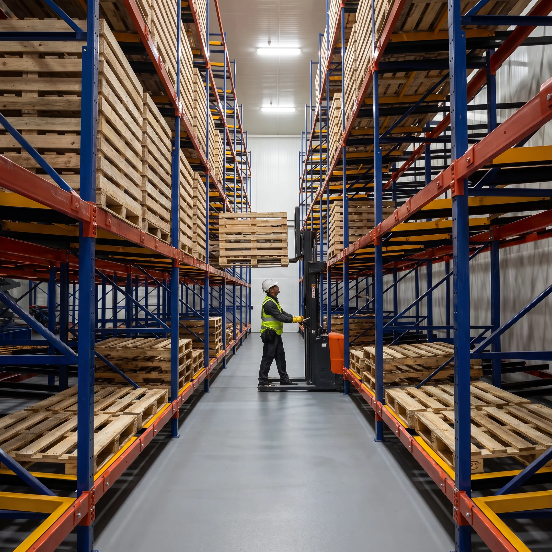 Two-deep push back pallet rack in warehouse