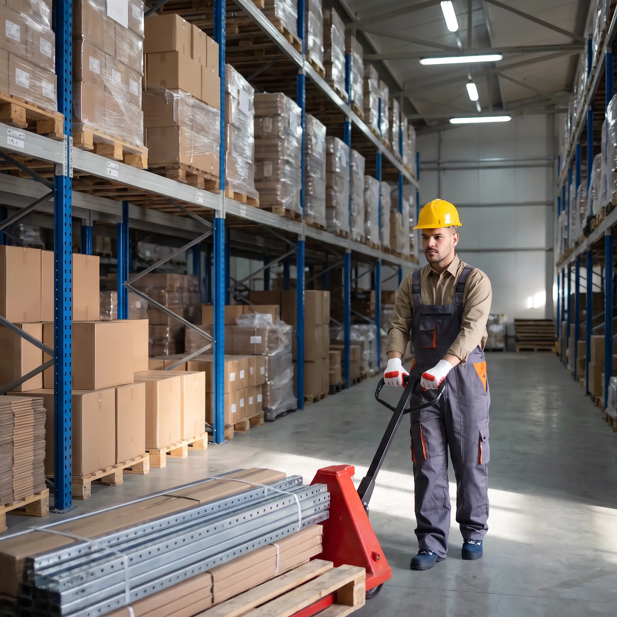 Forklift operating beside pallet racking in a warehouse