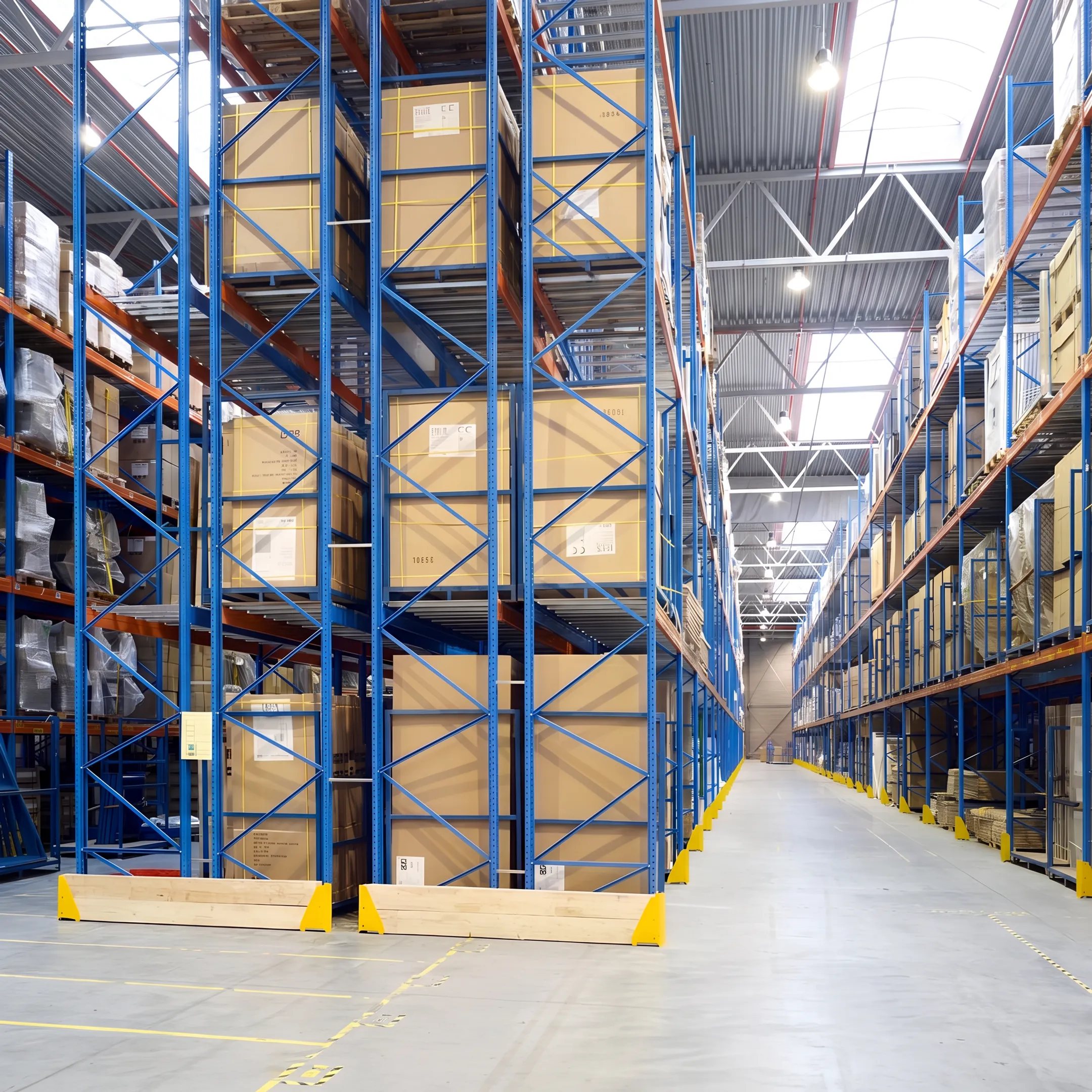 Industrial shelving stocked with warehouse inventory