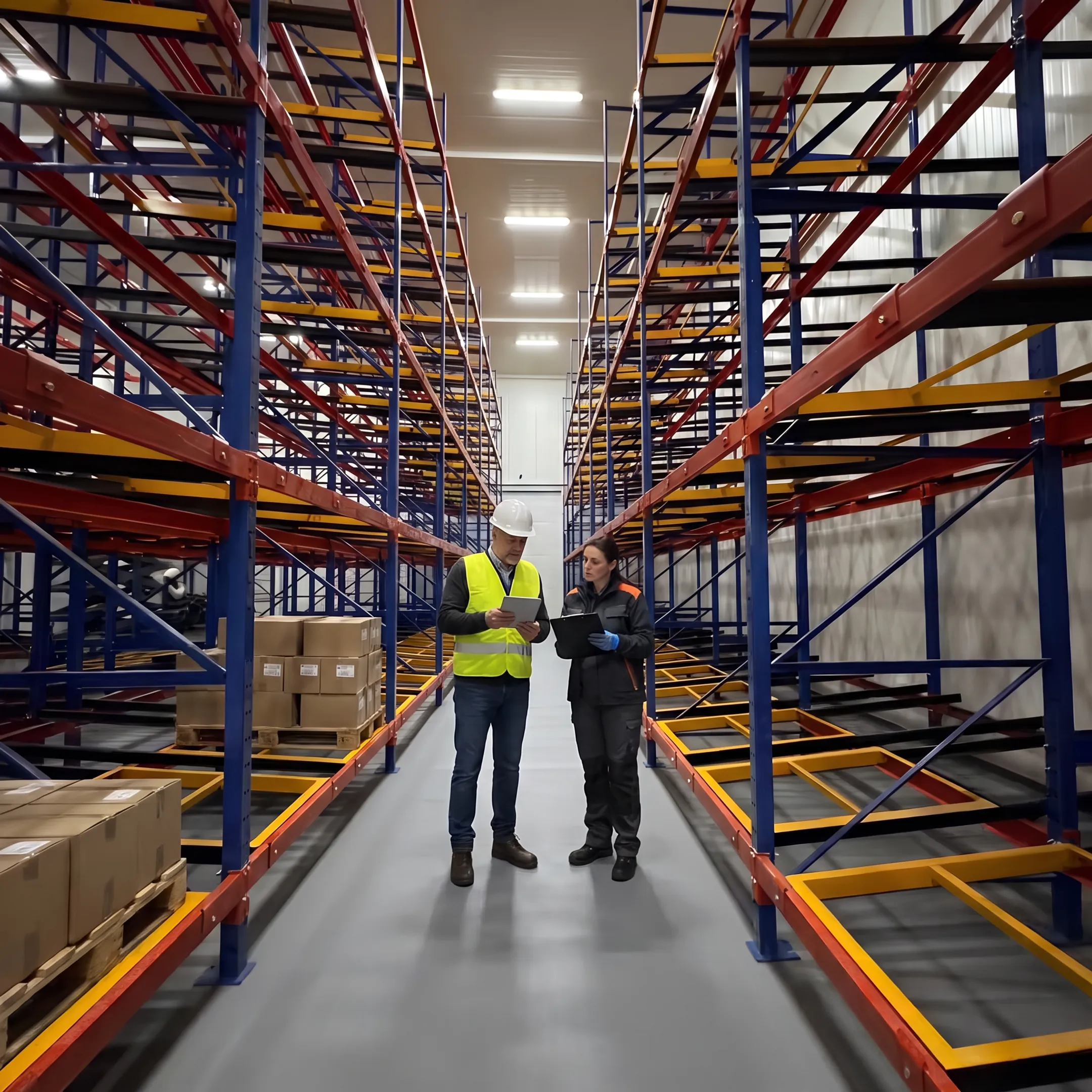 Warehouse manager reviewing industrial shelving layout
