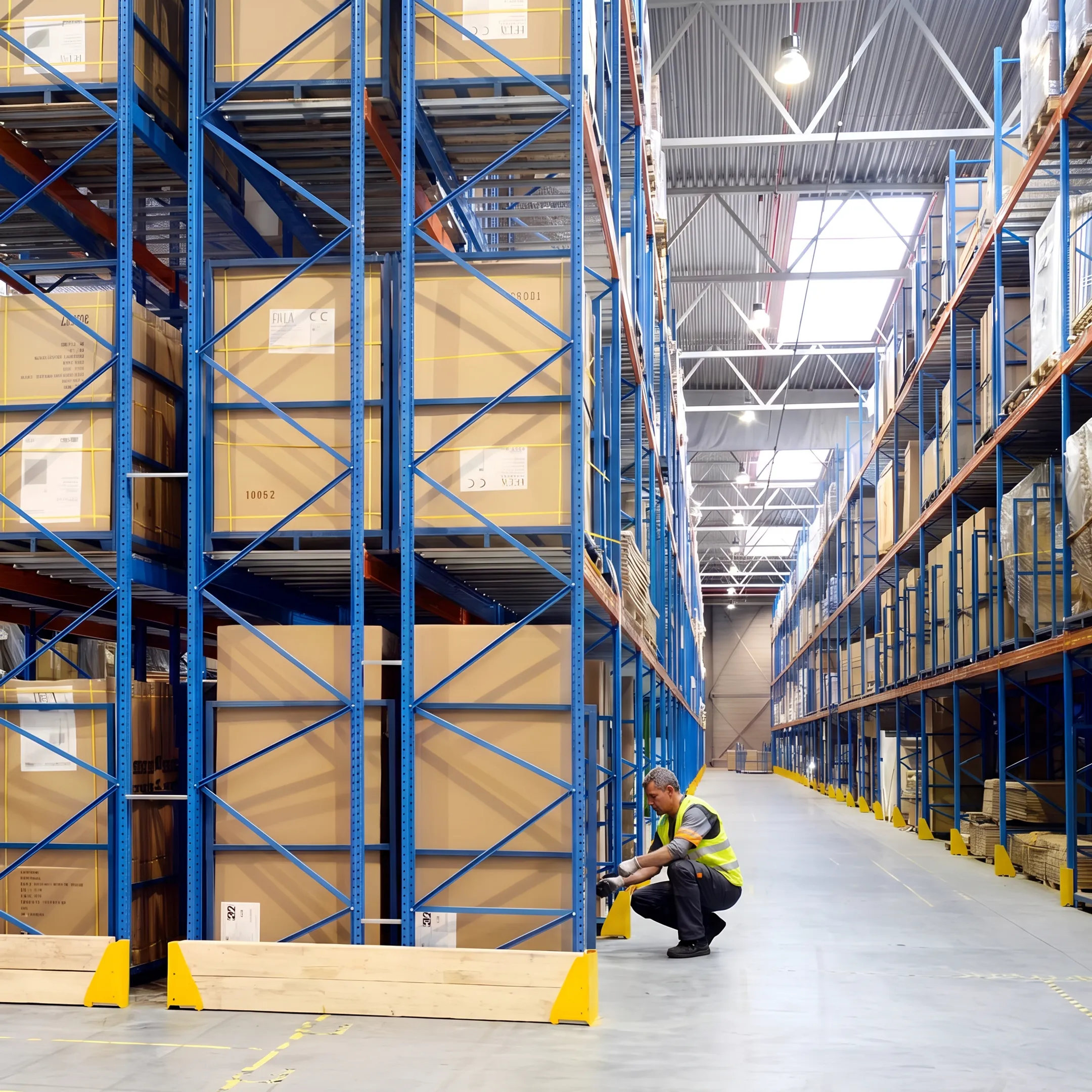Technician inspecting structural pallet rack supports