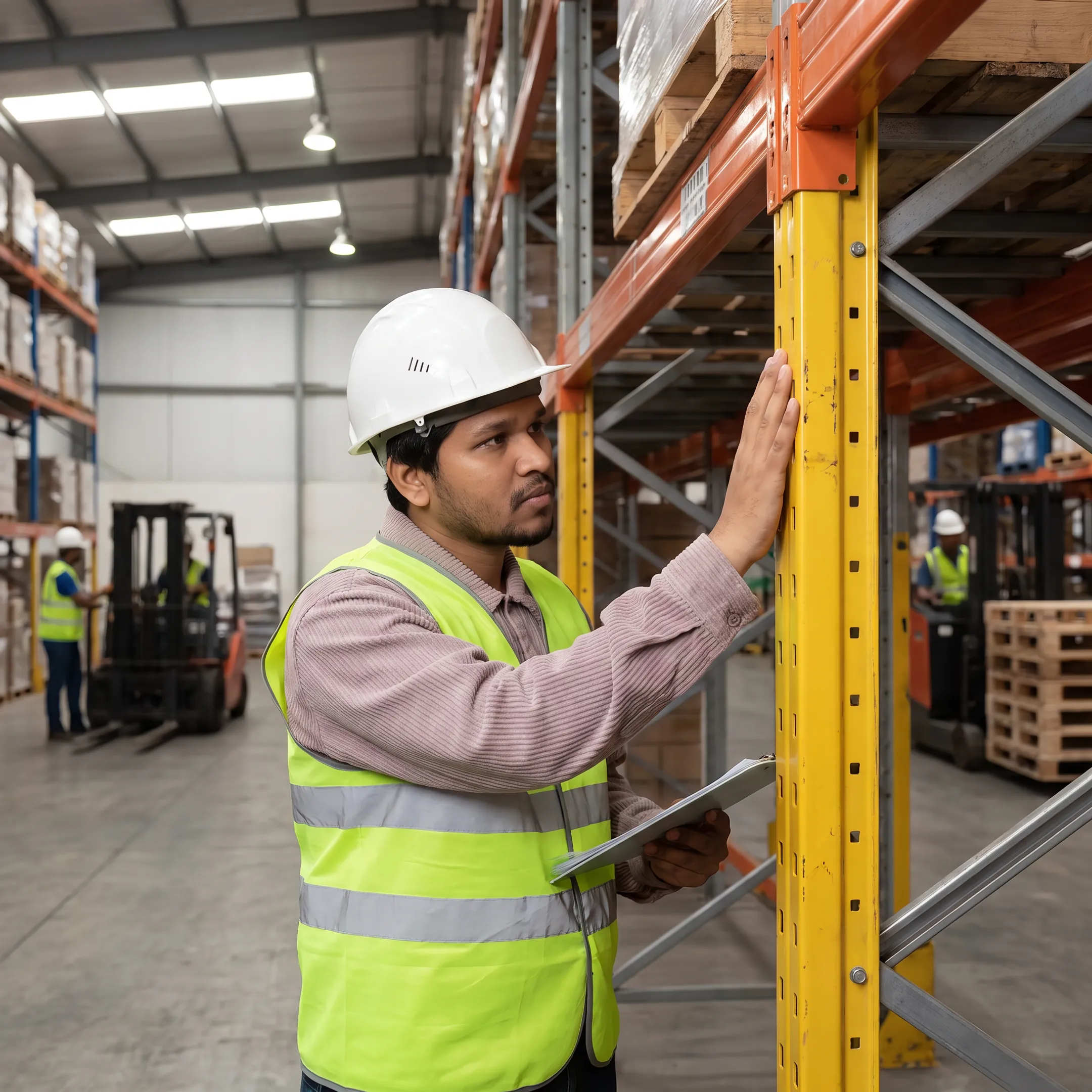 Warehouse rack safety inspection in progress