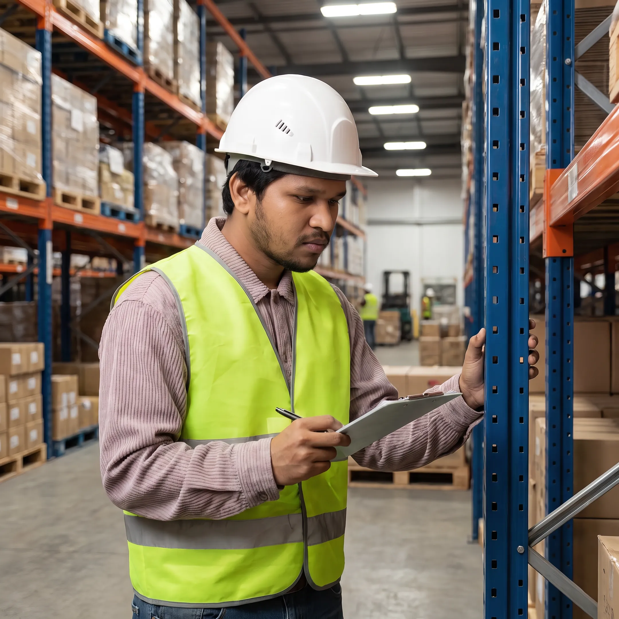 Technician inspecting warehouse pallet racking