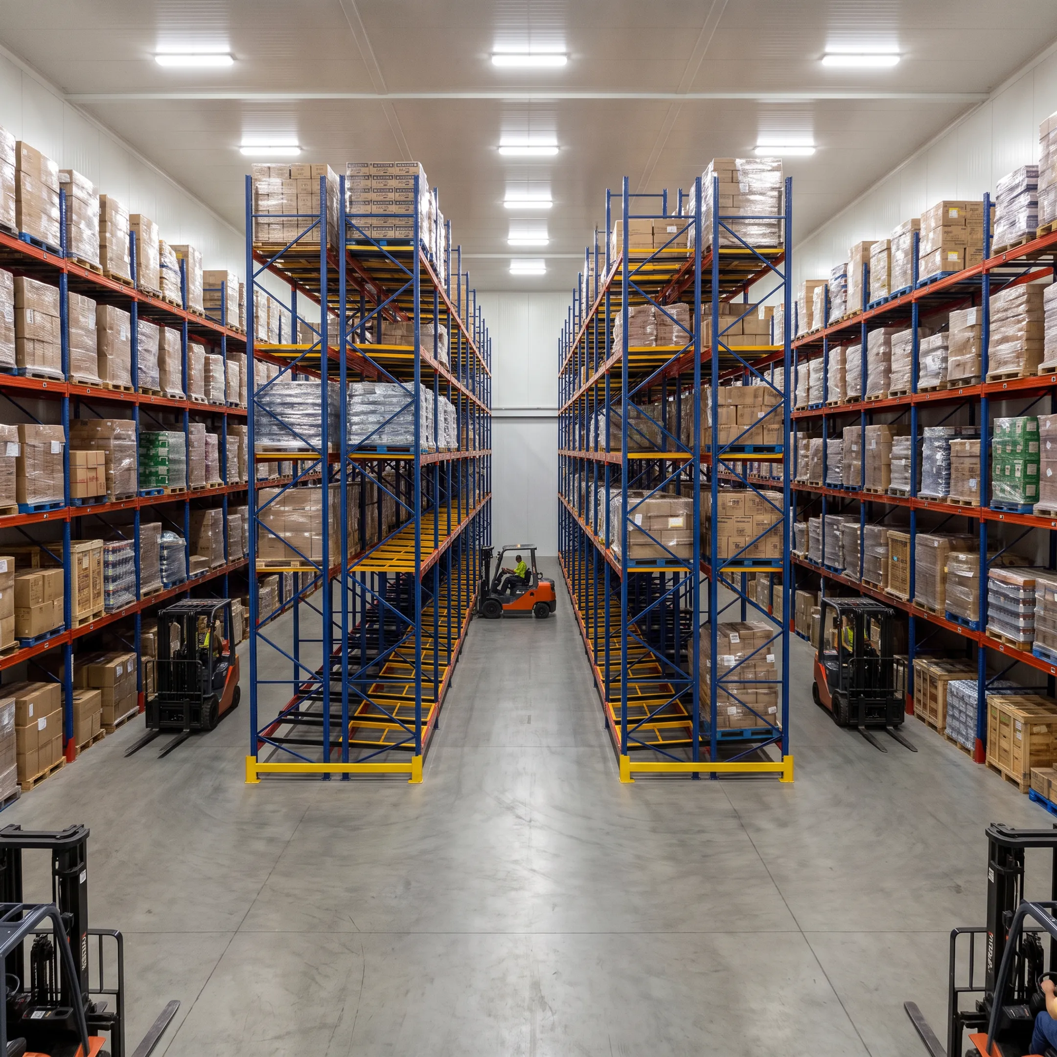 Pushback pallet racks storing pallets in a Colorado warehouse