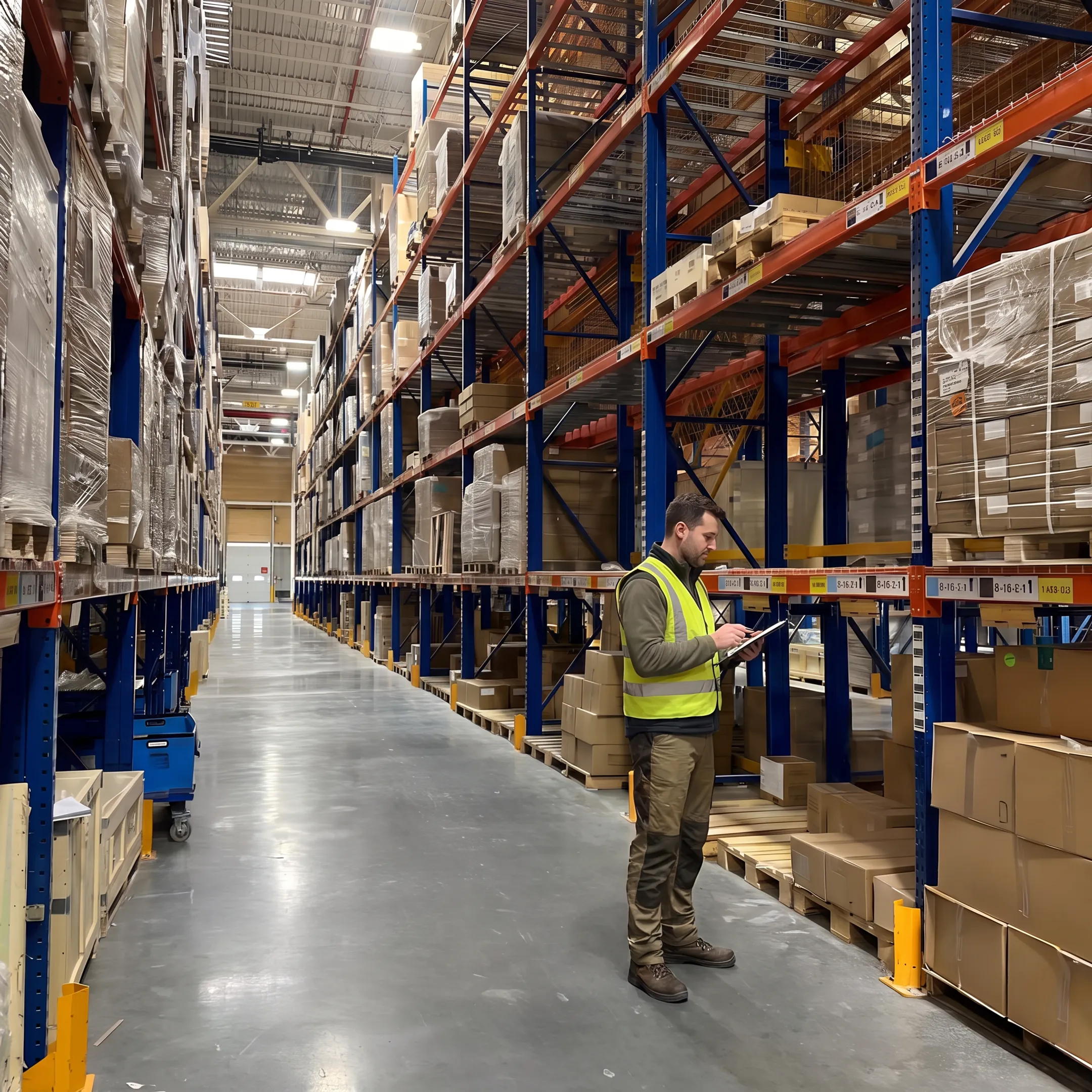 Warehouse specialist reviewing selective pallet racking design