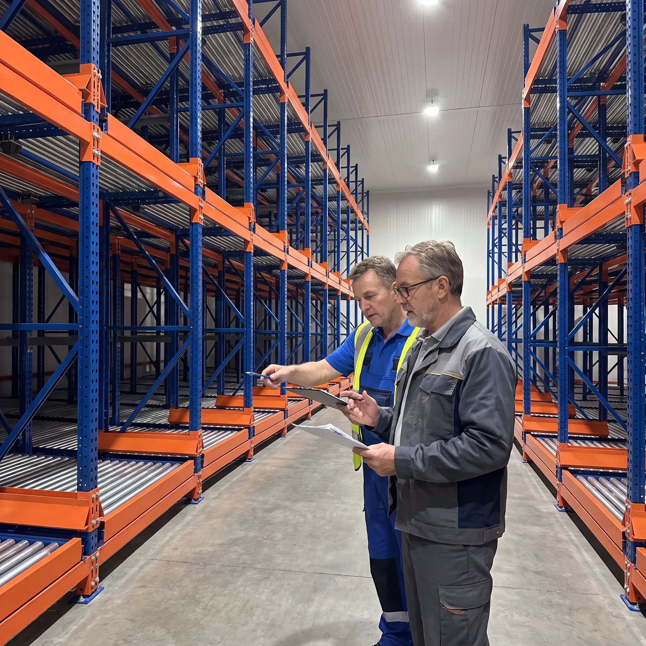 Pallet-flow racking with pallets moving through a Seattle warehouse