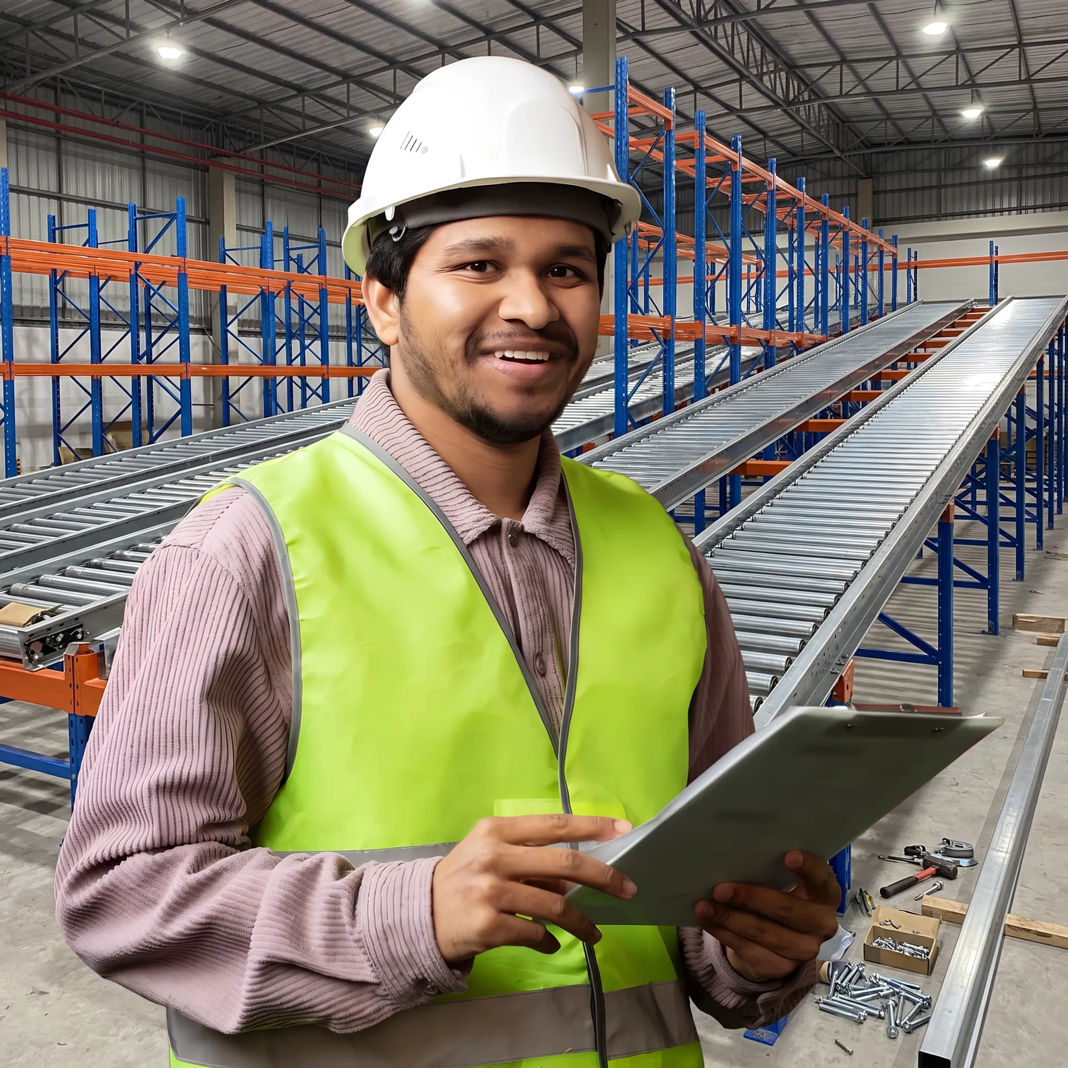 Technician inspecting pallet-flow rack lanes