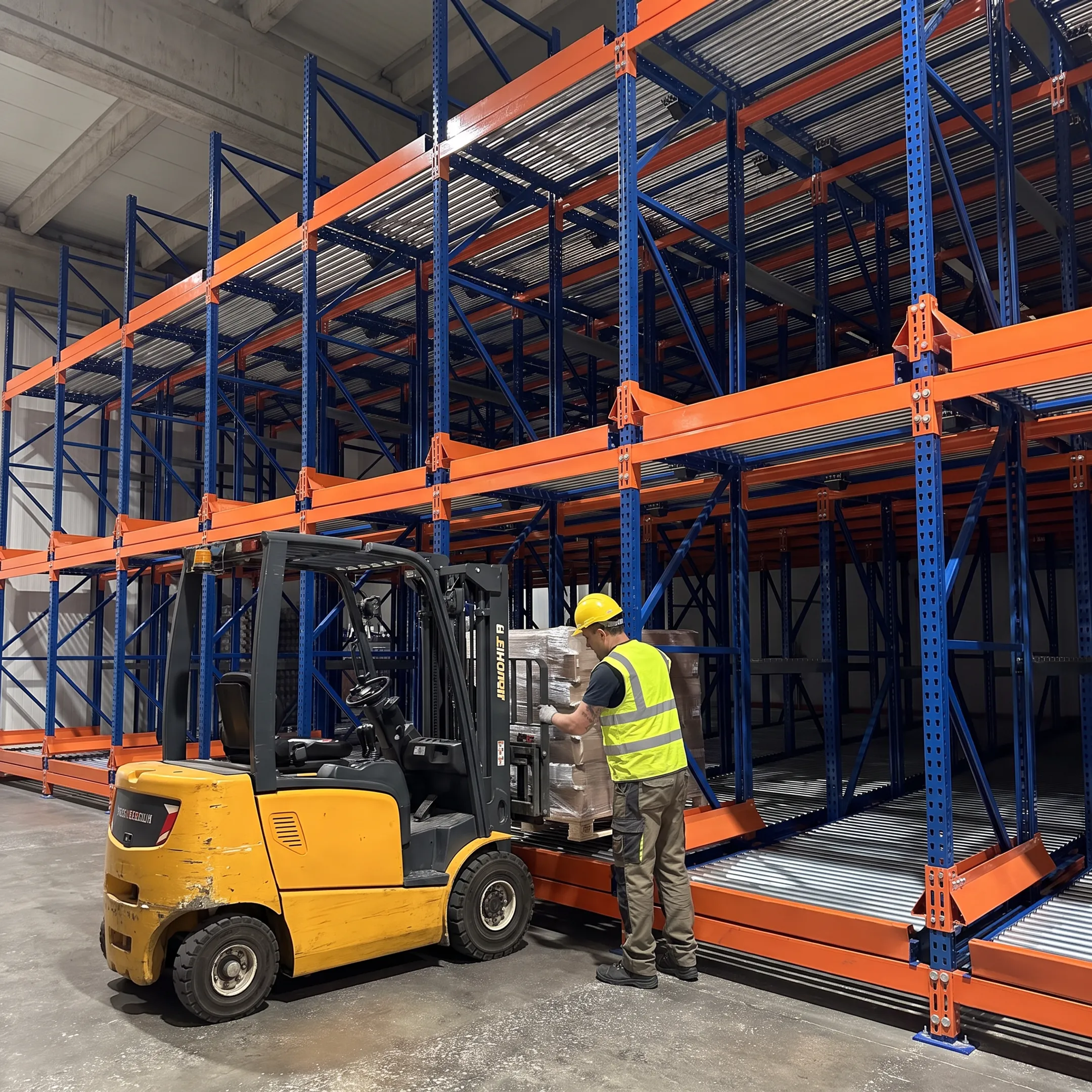 Warehouse worker accessing pallets from a pallet flow rack lane