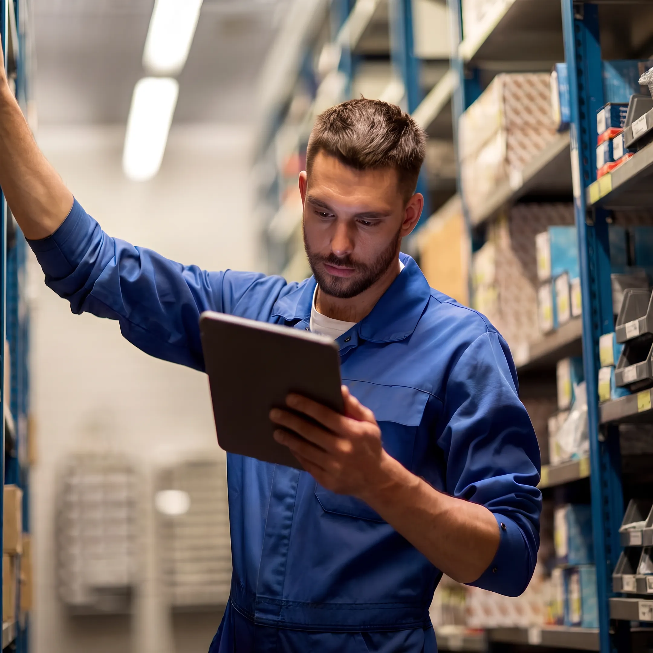 Warehouse worker reviewing organized pallet racking