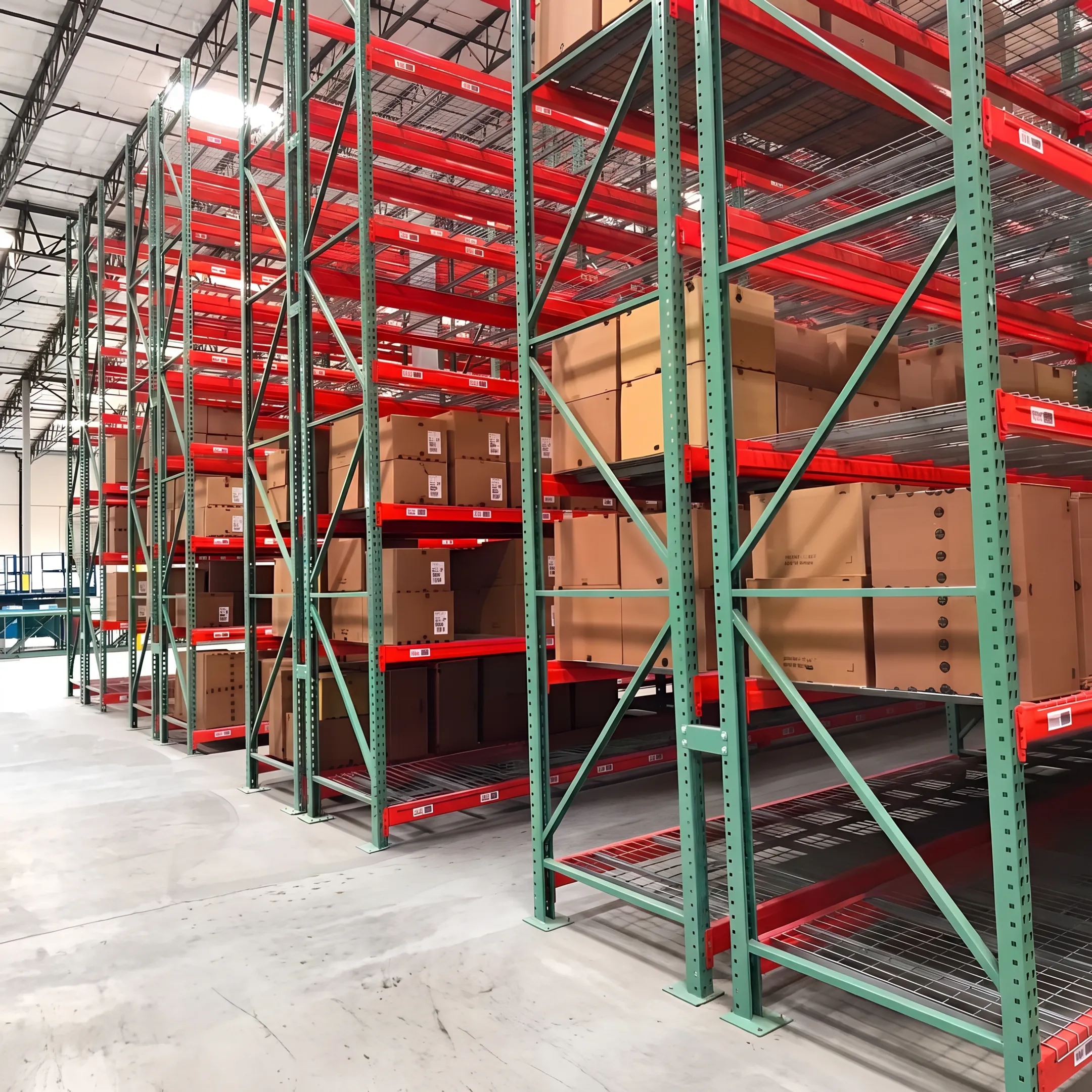 Light duty pallet racking organized in a warehouse aisle