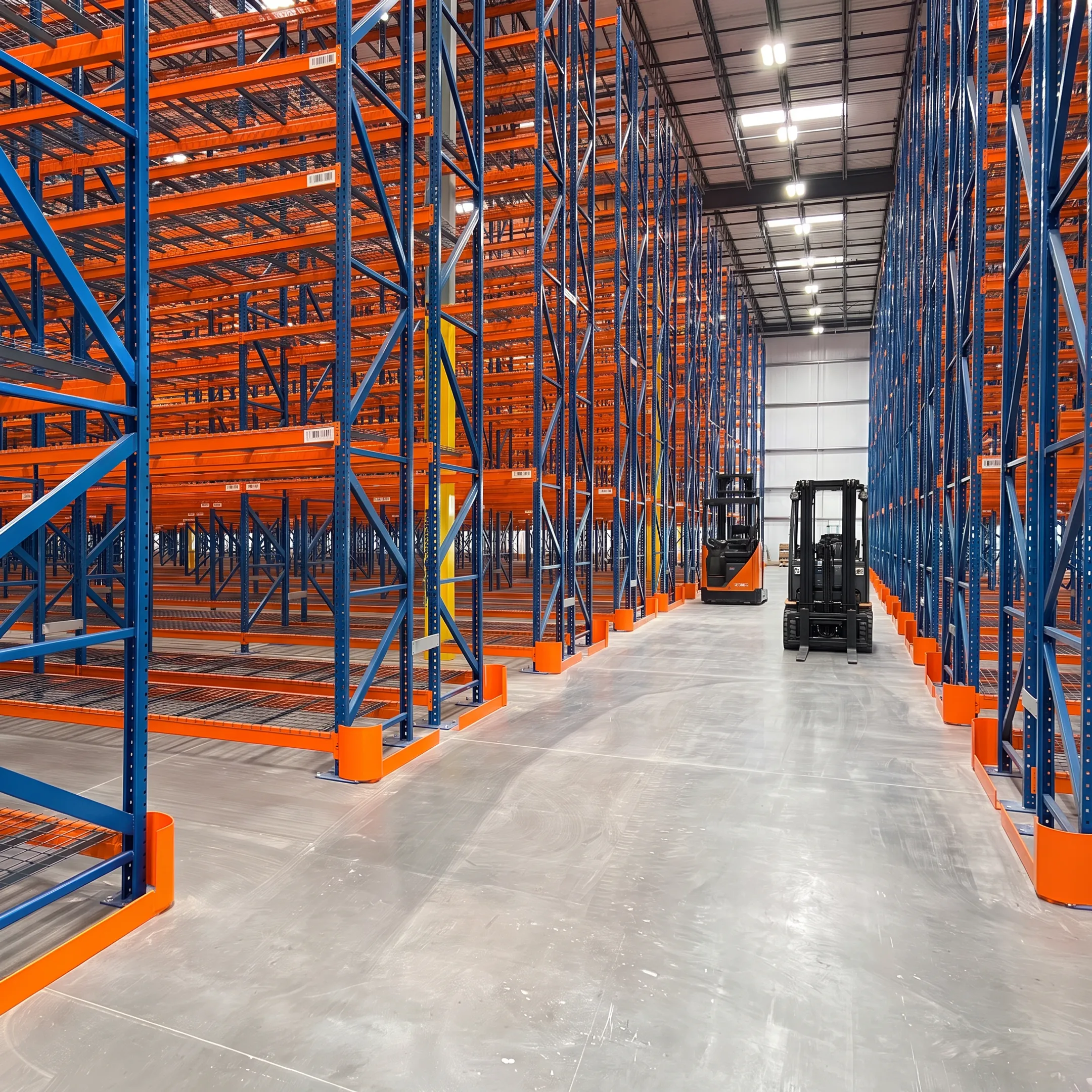 Warehouse pallet racks with row spacers maintaining consistent aisle alignment