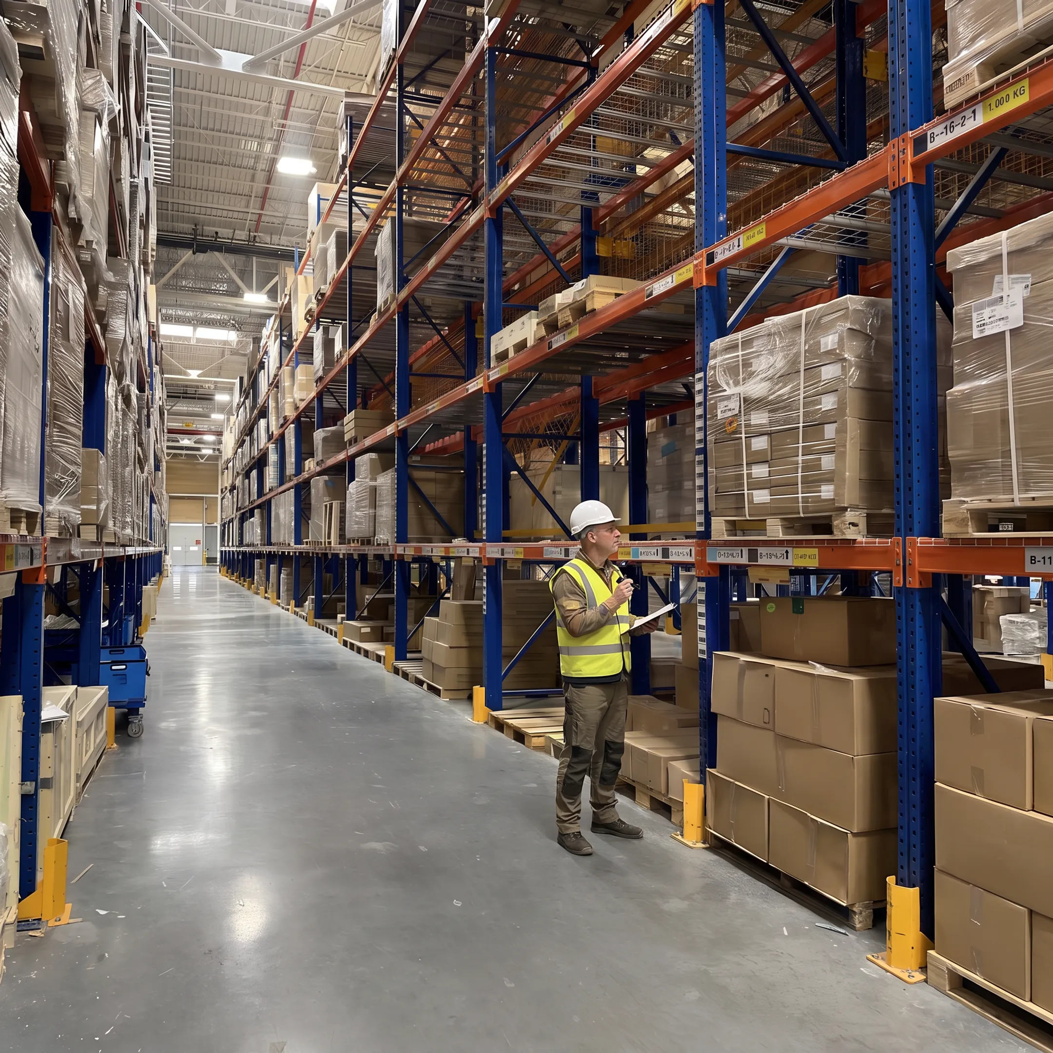 Pallet racking row spacer installation in an organized warehouse