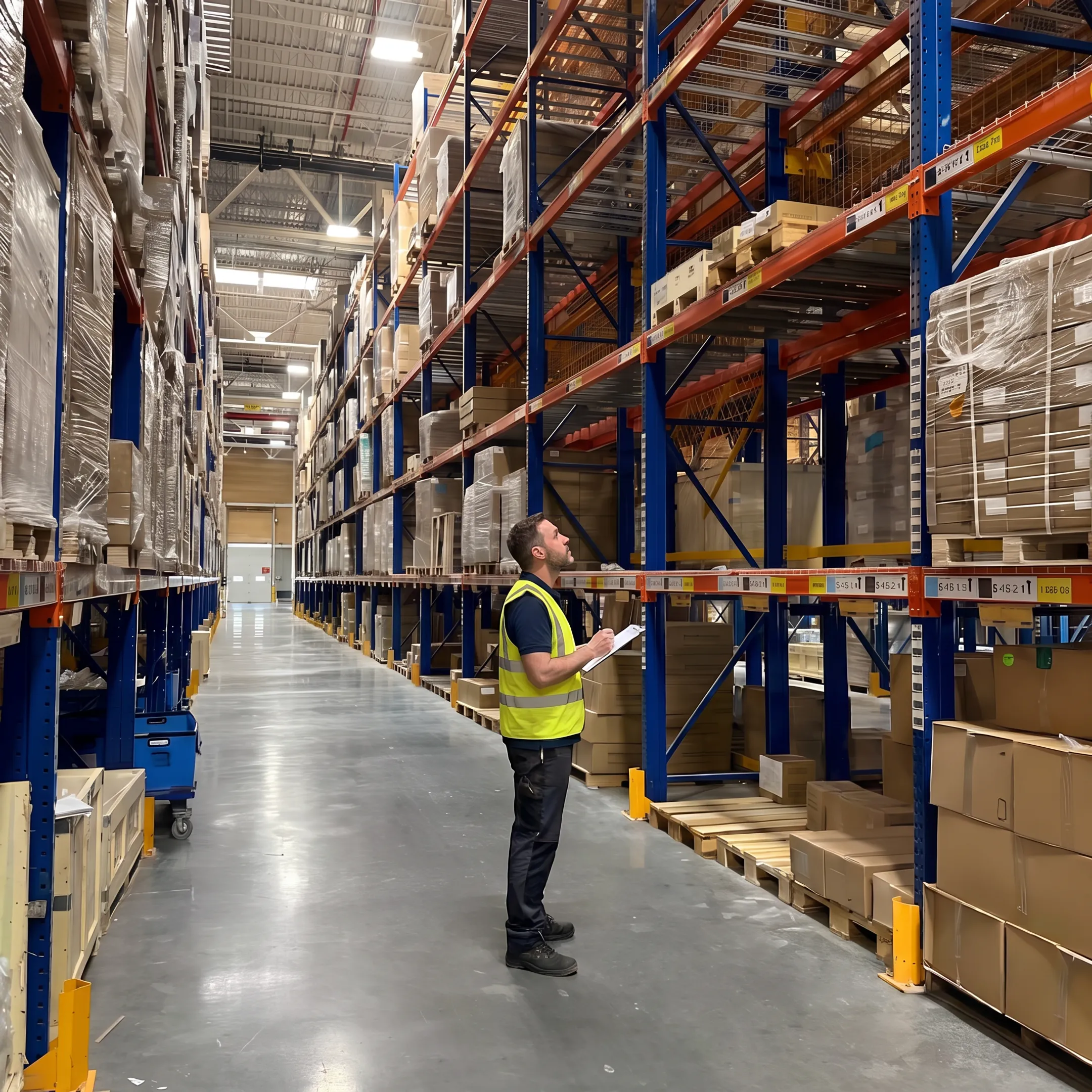 Warehouse specialist reviewing pallet rack design