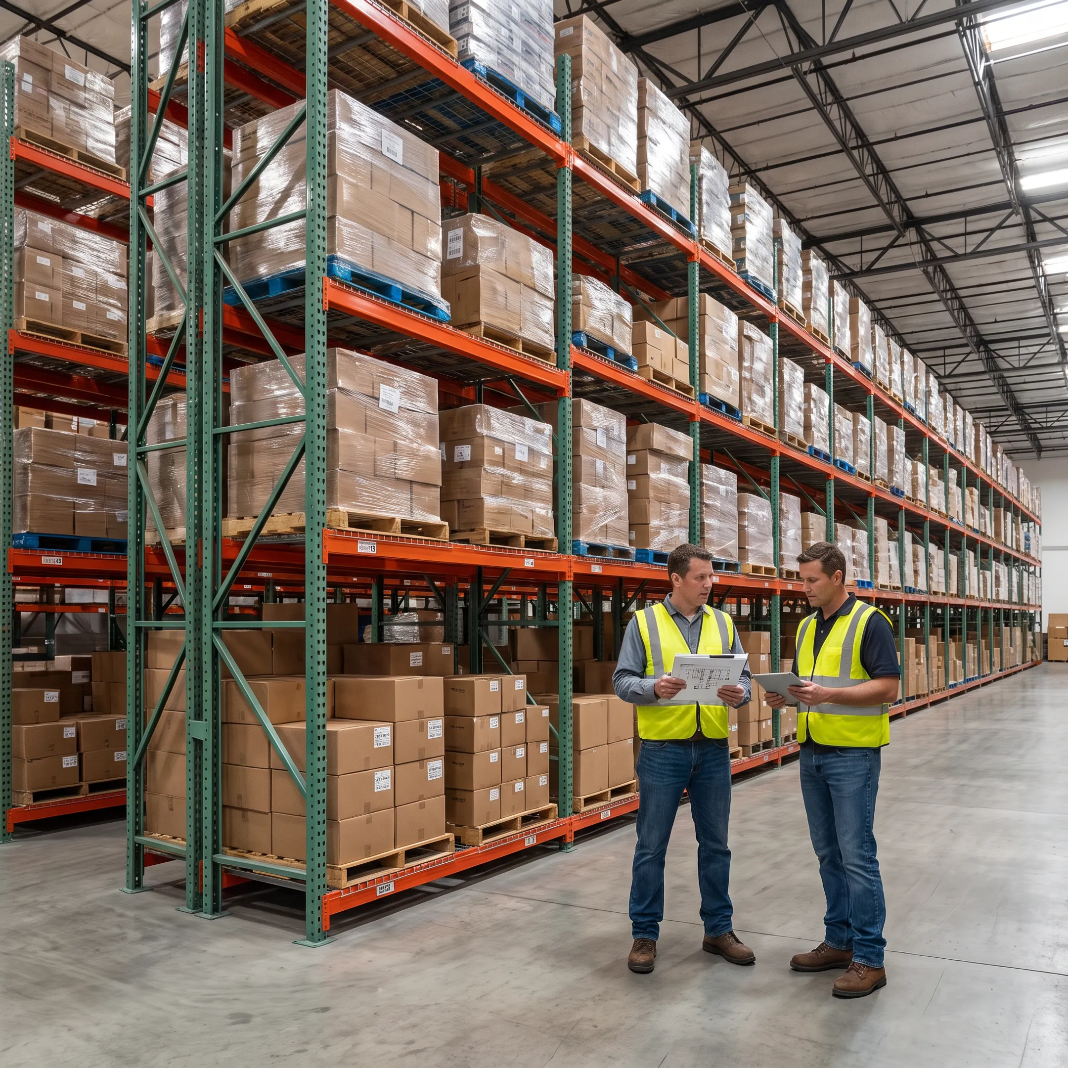 Wide aisle pallet racking in an organized warehouse