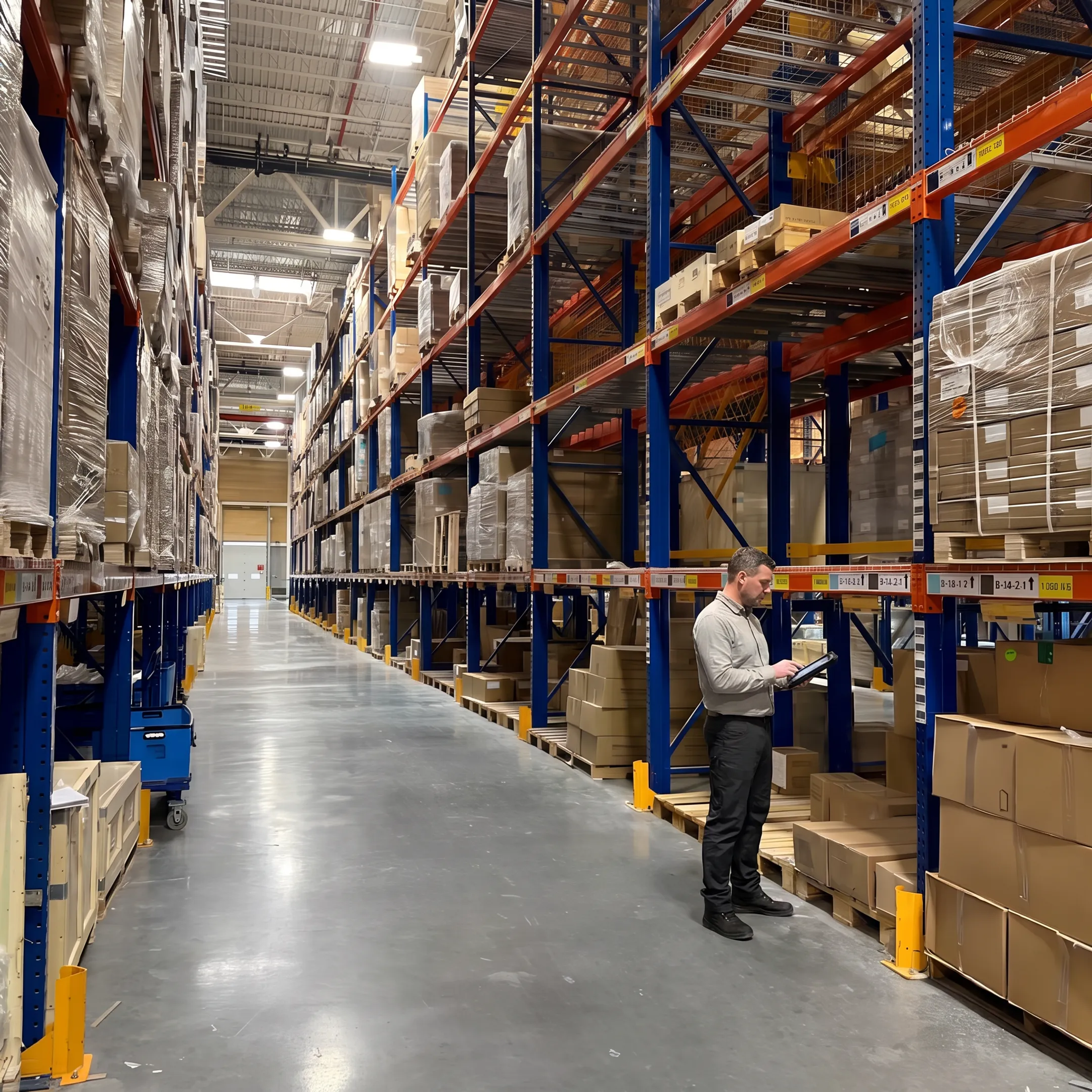 Engineer reviewing a custom warehouse rack layout