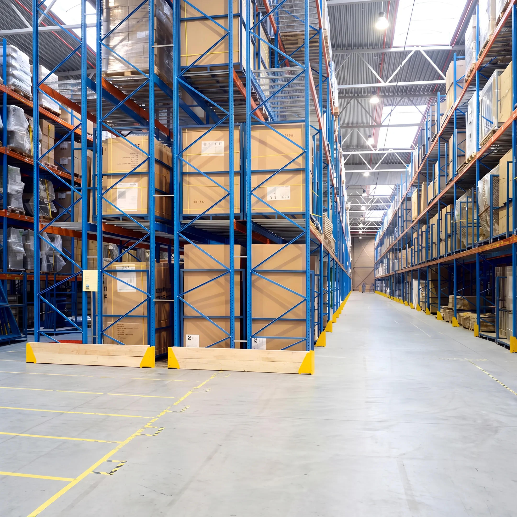 Warehouse pallet racking with forklifts and organized inventory
