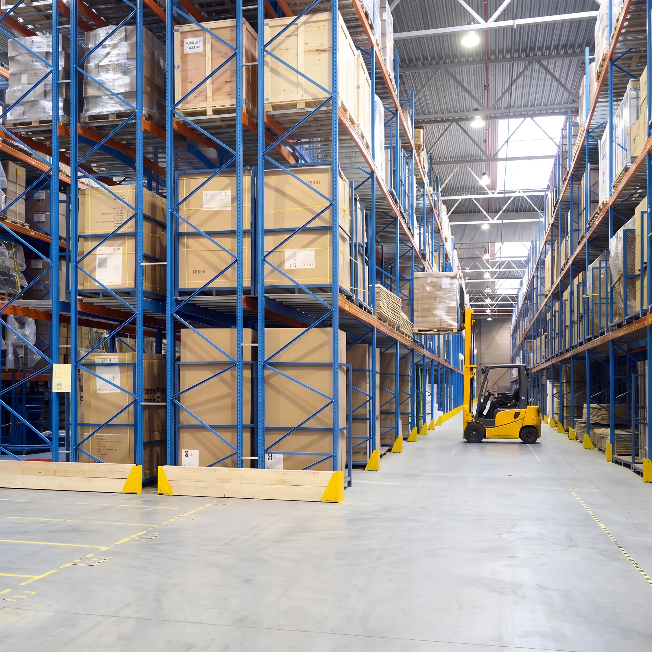 Warehouse pallet racking system with forklifts and organized inventory