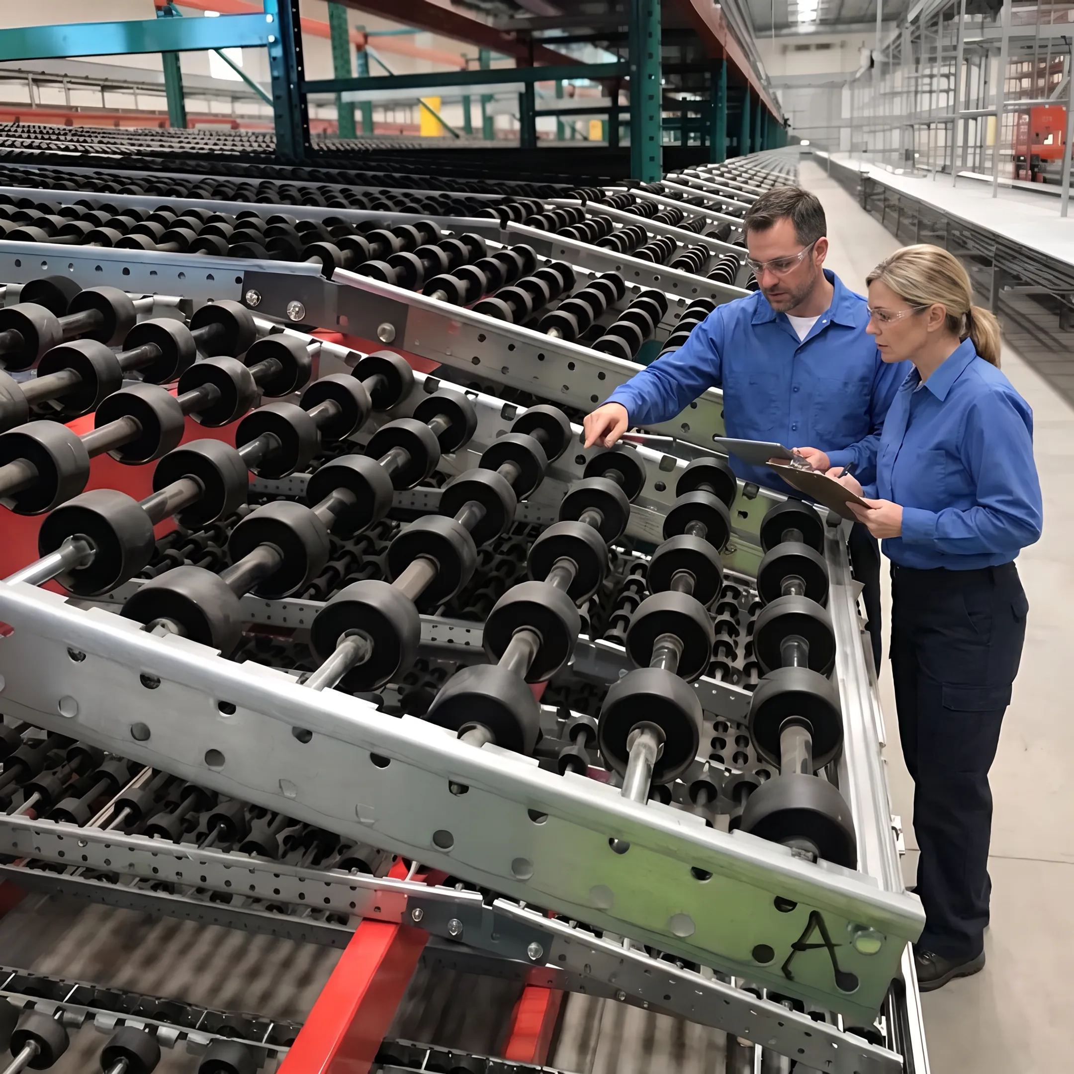 Engineers planning an efficient factory storage layout
