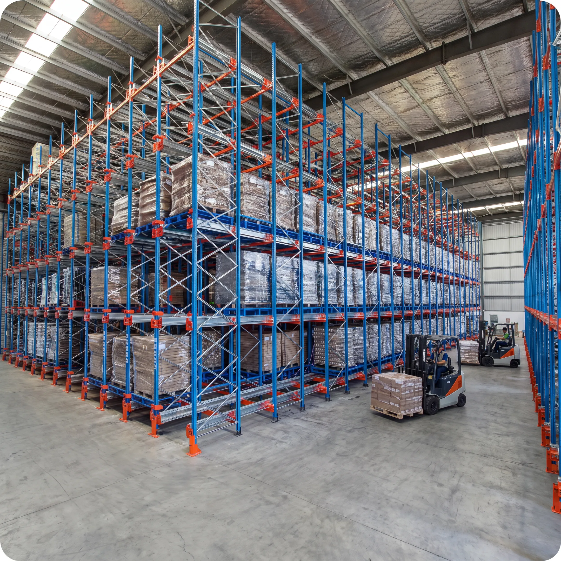 Dynamic warehouse racking with pallets moving through organized storage lanes