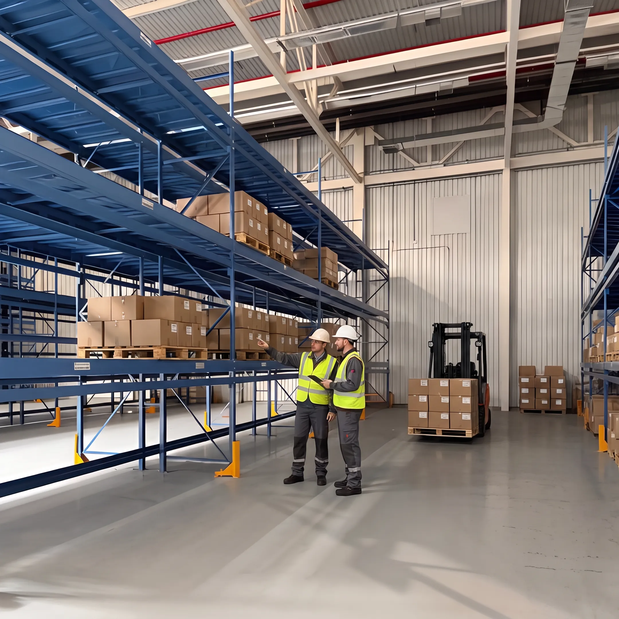 Warehouse team reviewing dynamic racking layout beside stored pallets