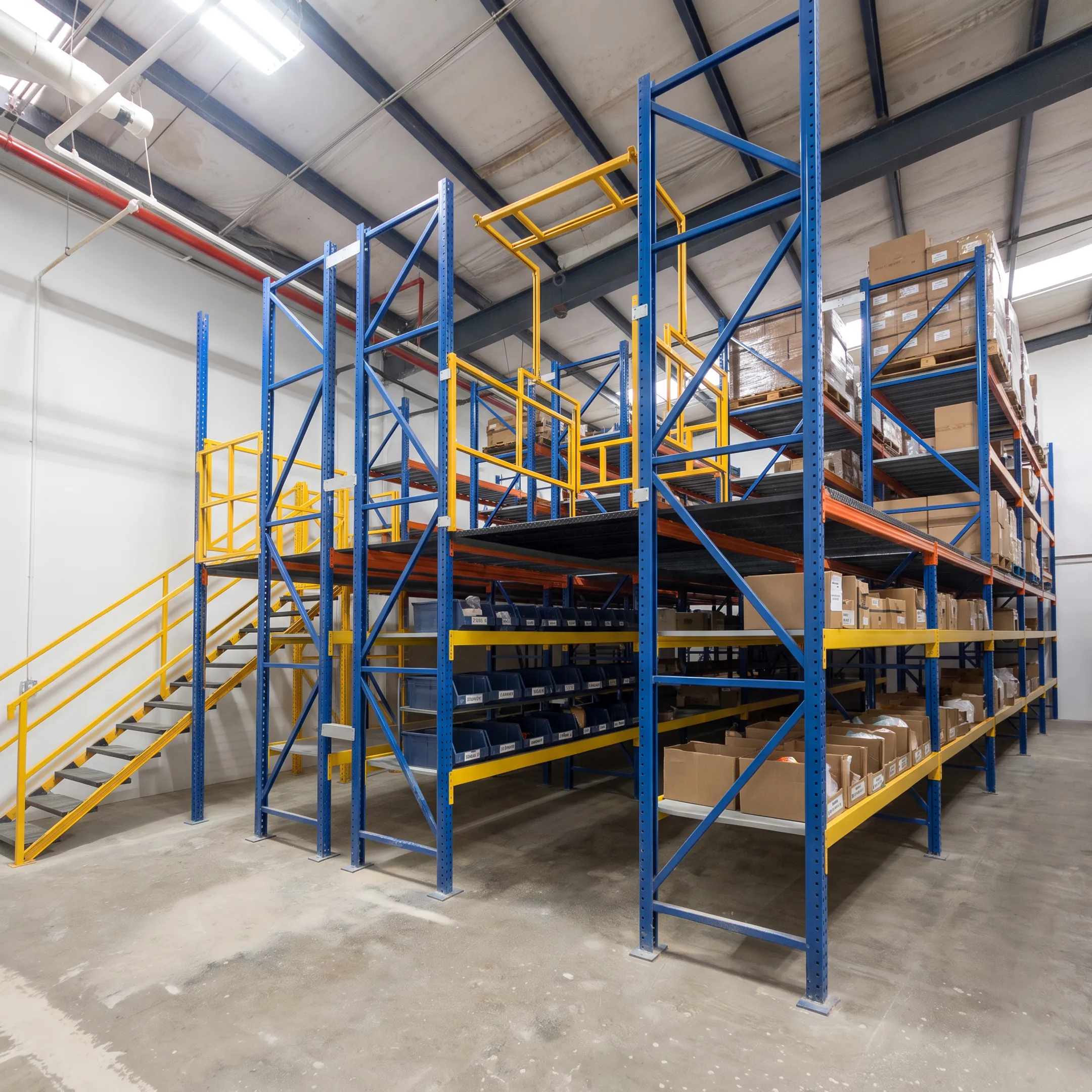 Engineered warehouse mezzanine with storage and picking areas
