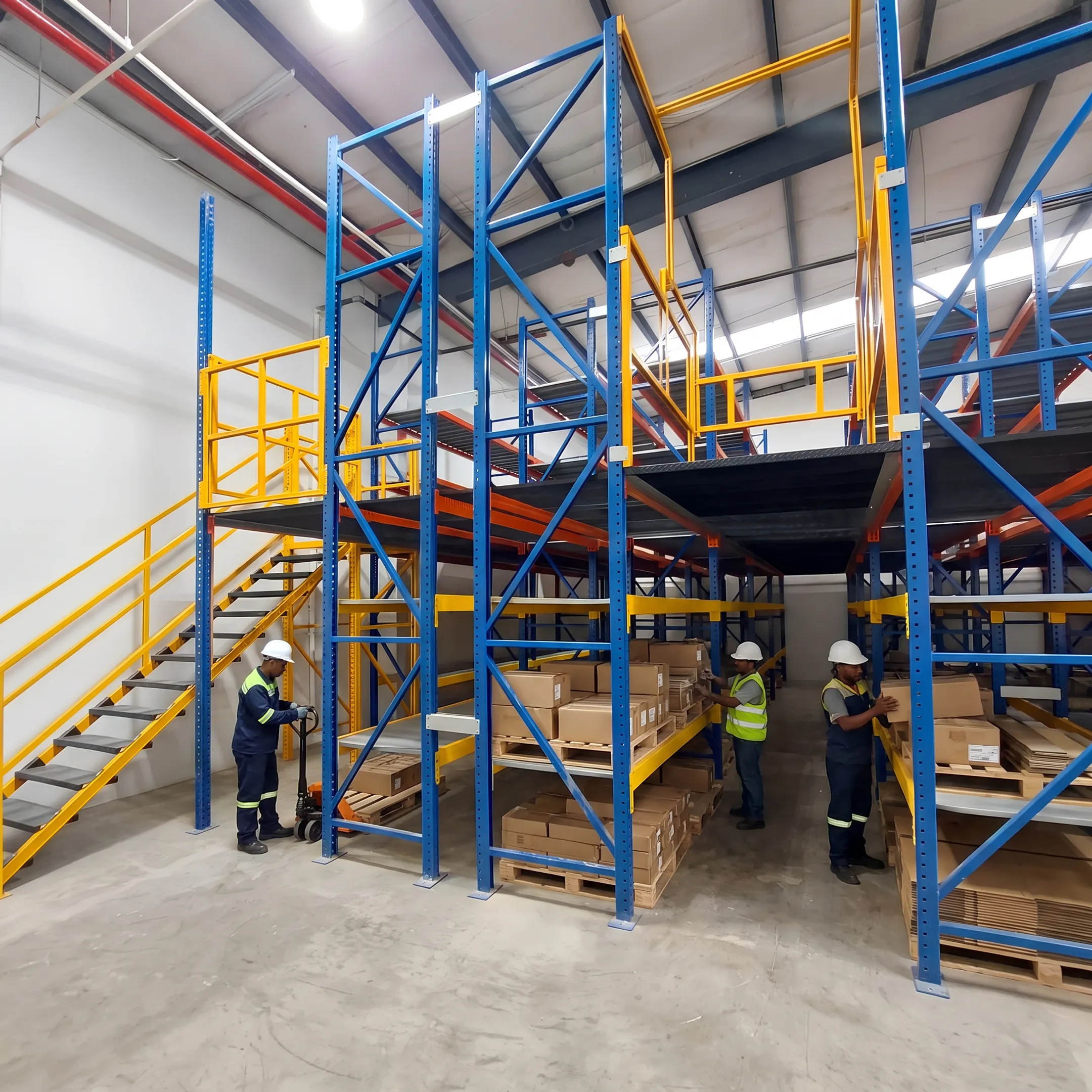 Warehouse mezzanine platform above organized pallet racking