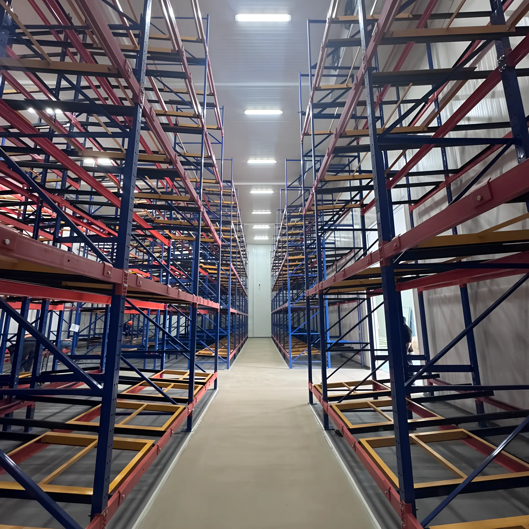 Forklift loading pallets into push back rack lanes