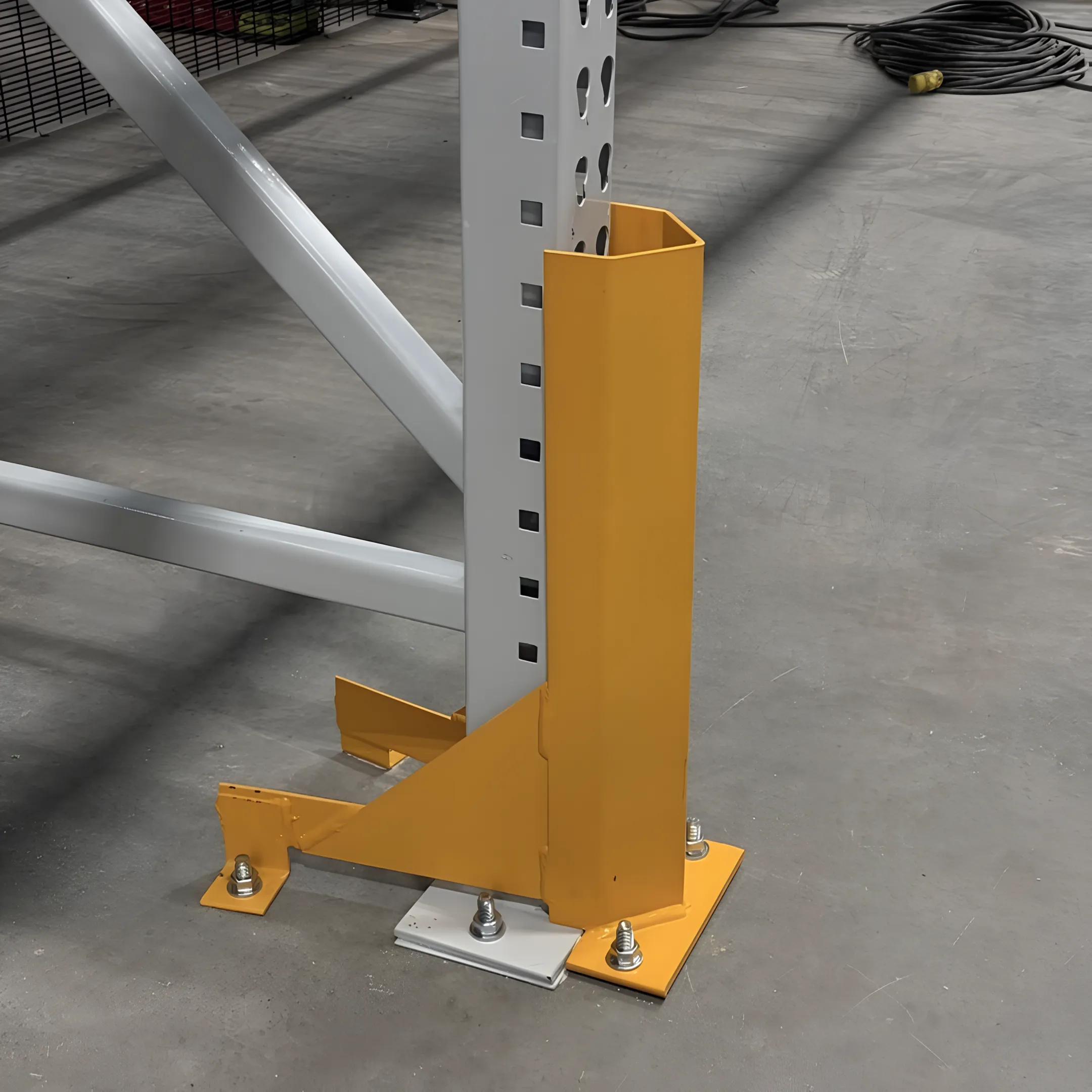 Pallet racking row spacer installation in an organized warehouse